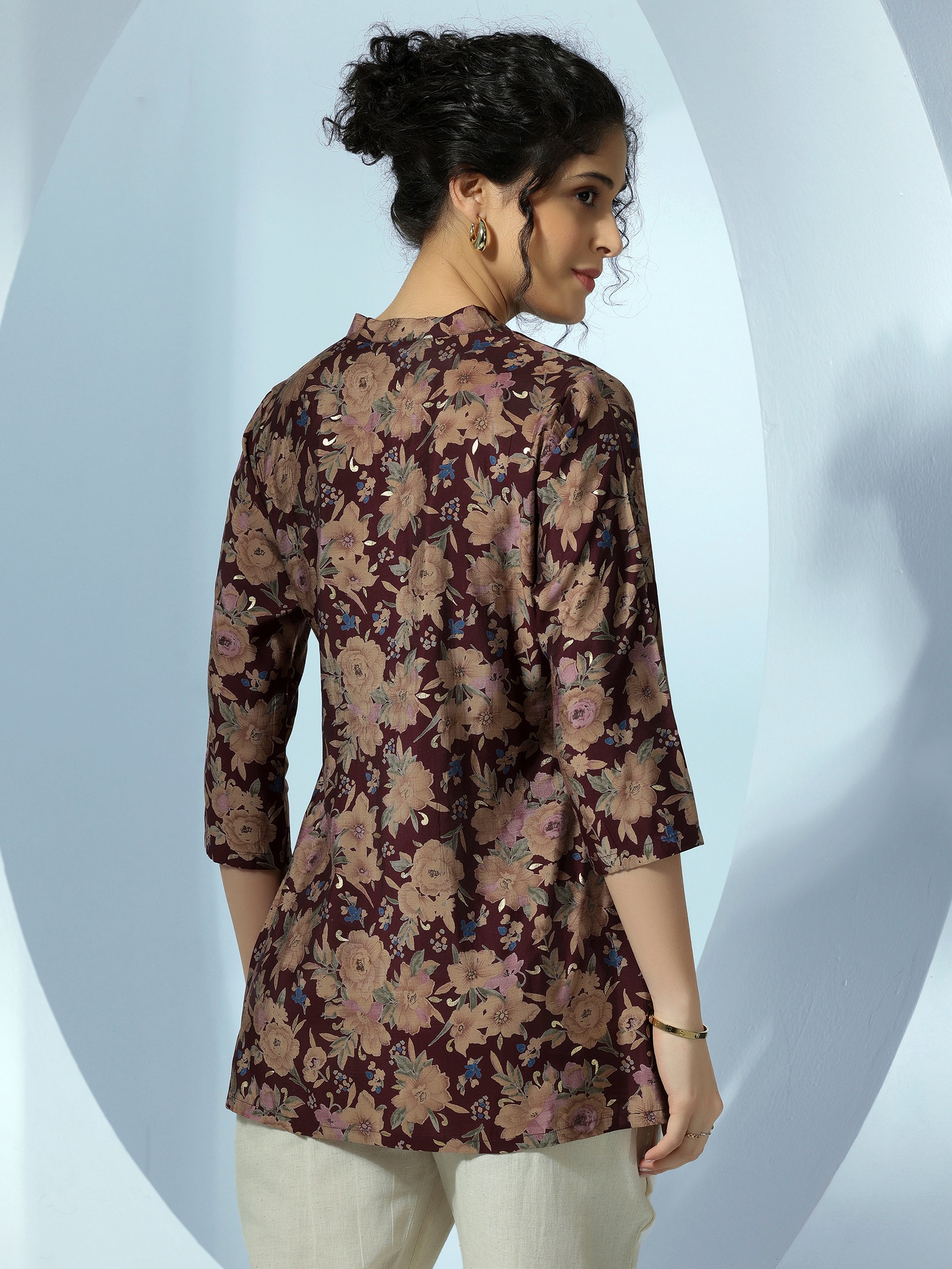 Maroon Printed Silk Blend Straight Kurti