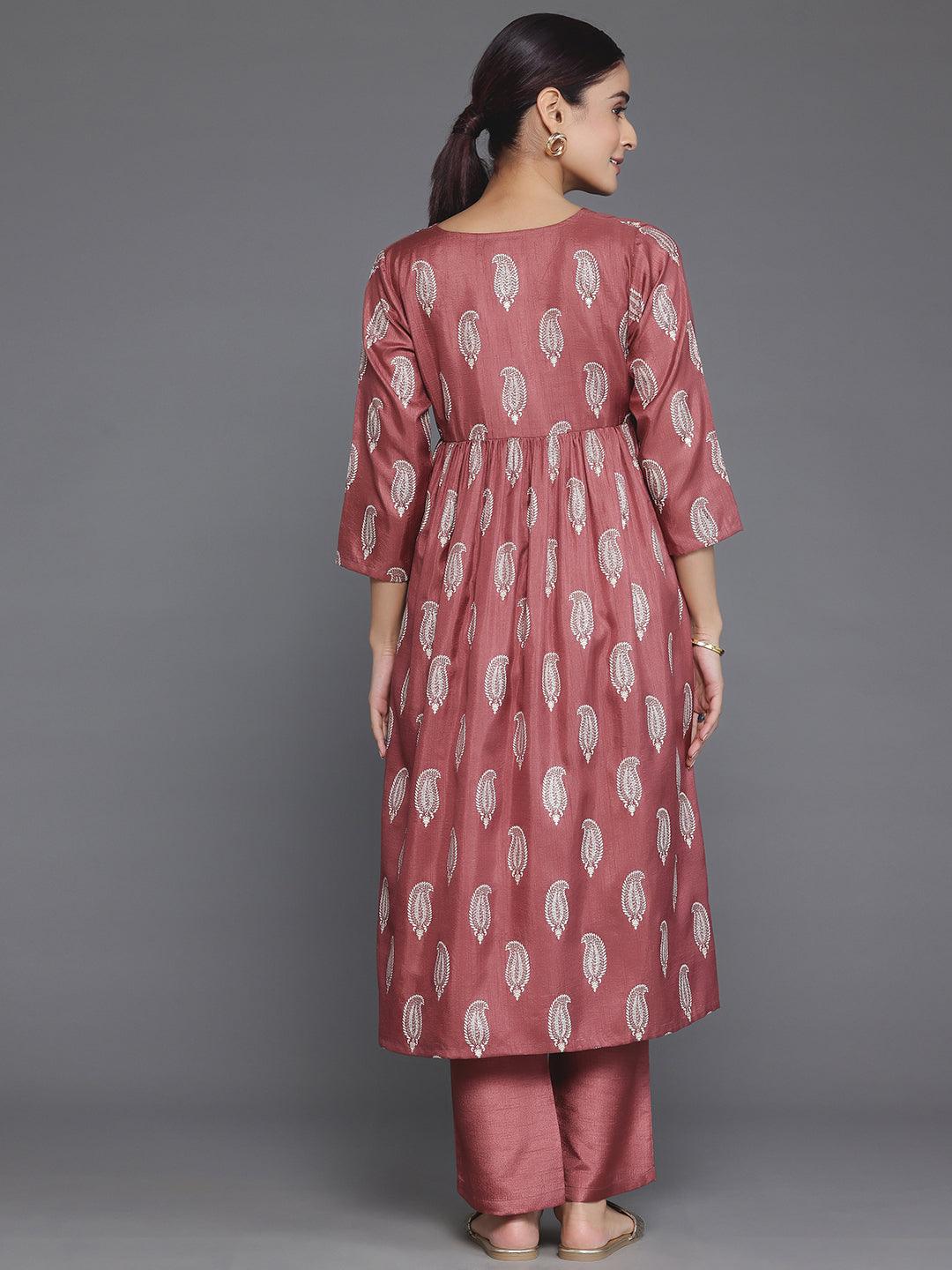 Mauve Printed Silk Blend A-Line Kurta With Trousers