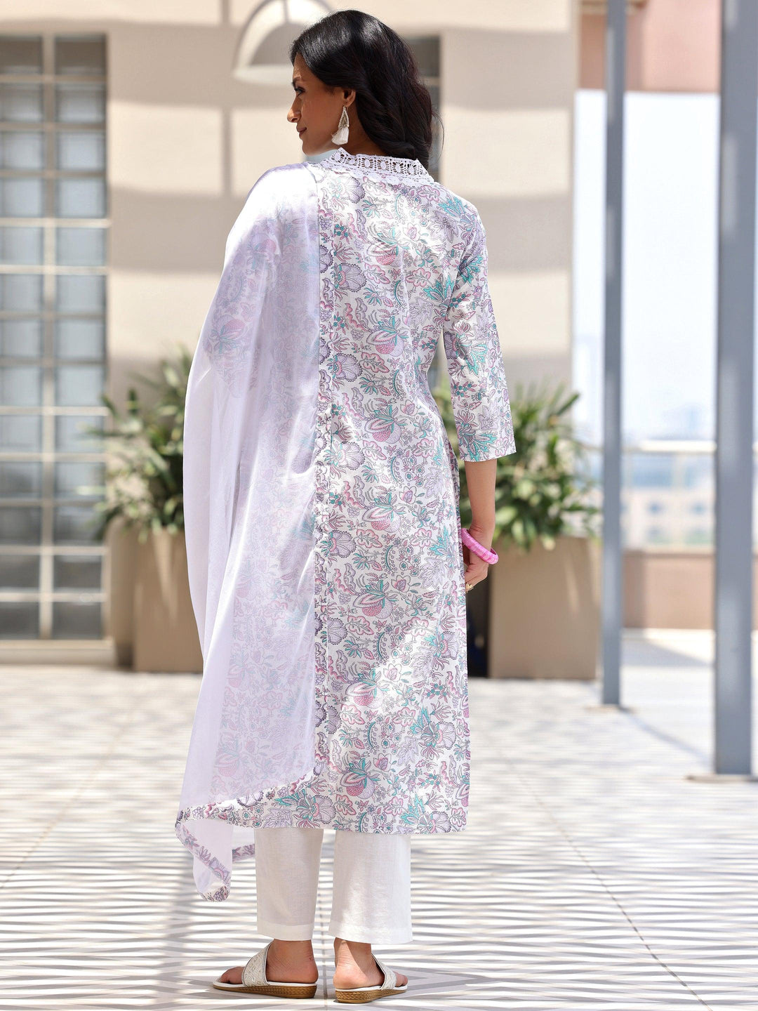 Off White Printed Cotton Straight Suit With Dupatta - Libas