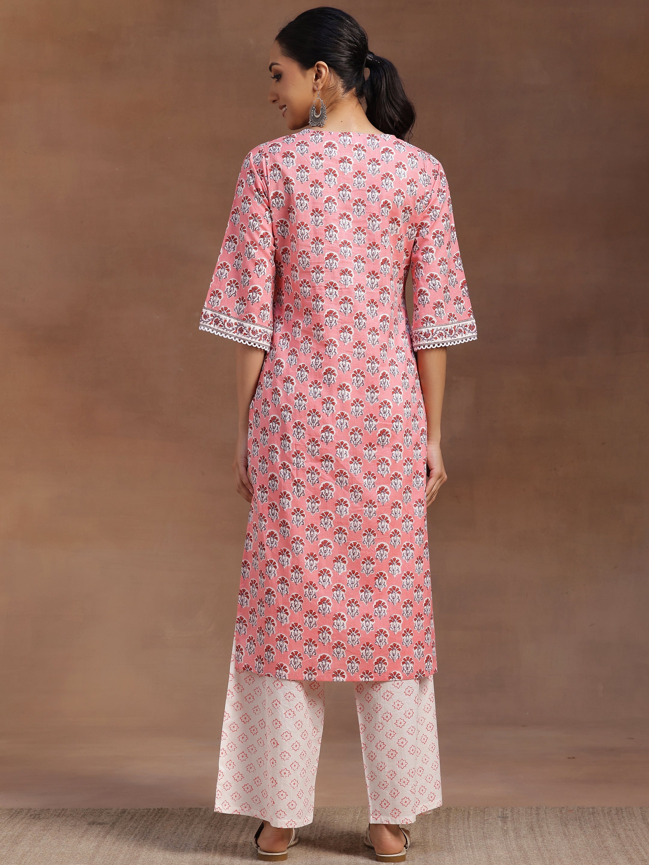 Peach Printed Cotton Straight Kurta With Palazzos