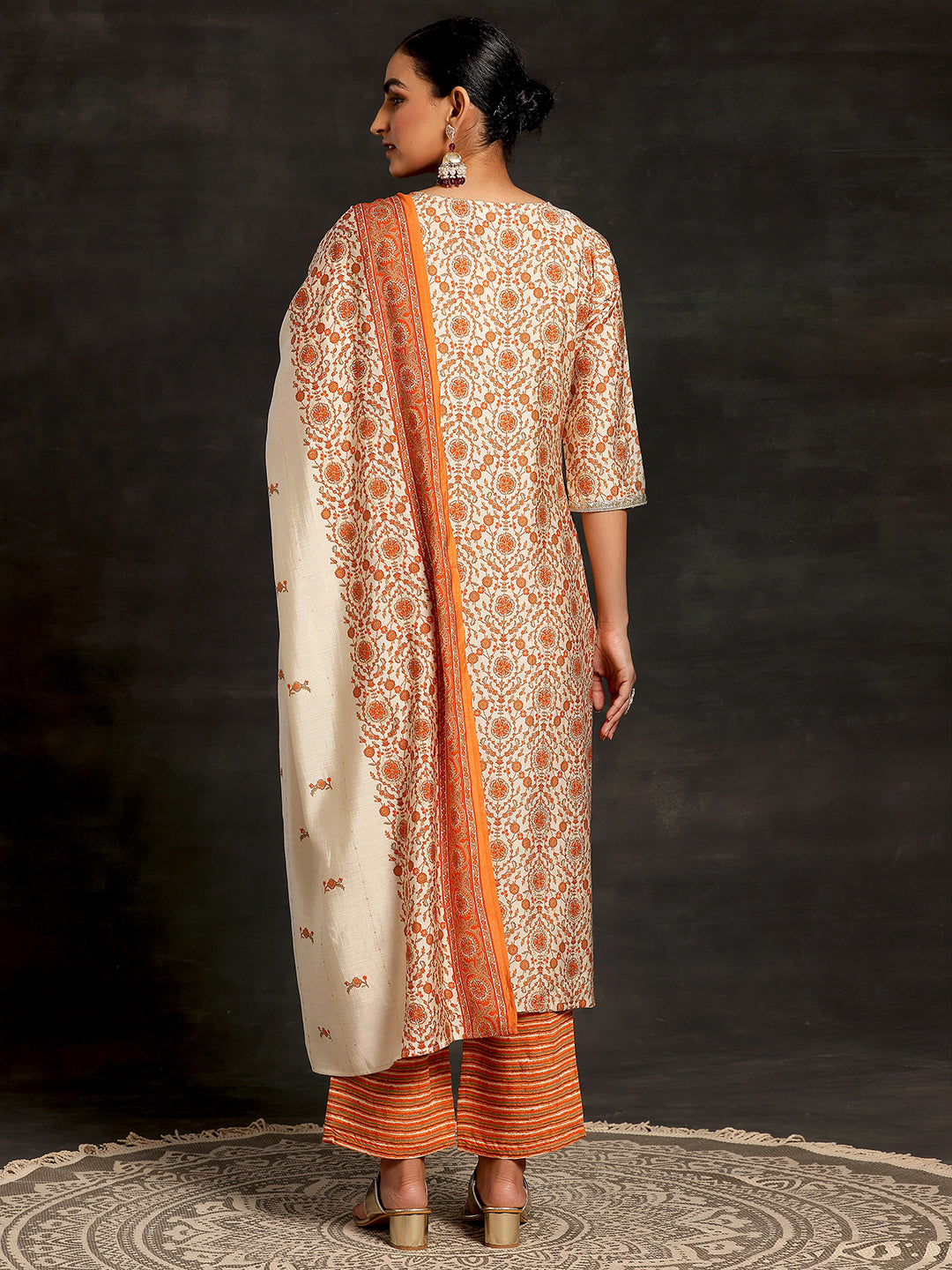 Beige Printed Silk Blend Straight Suit With Dupatta