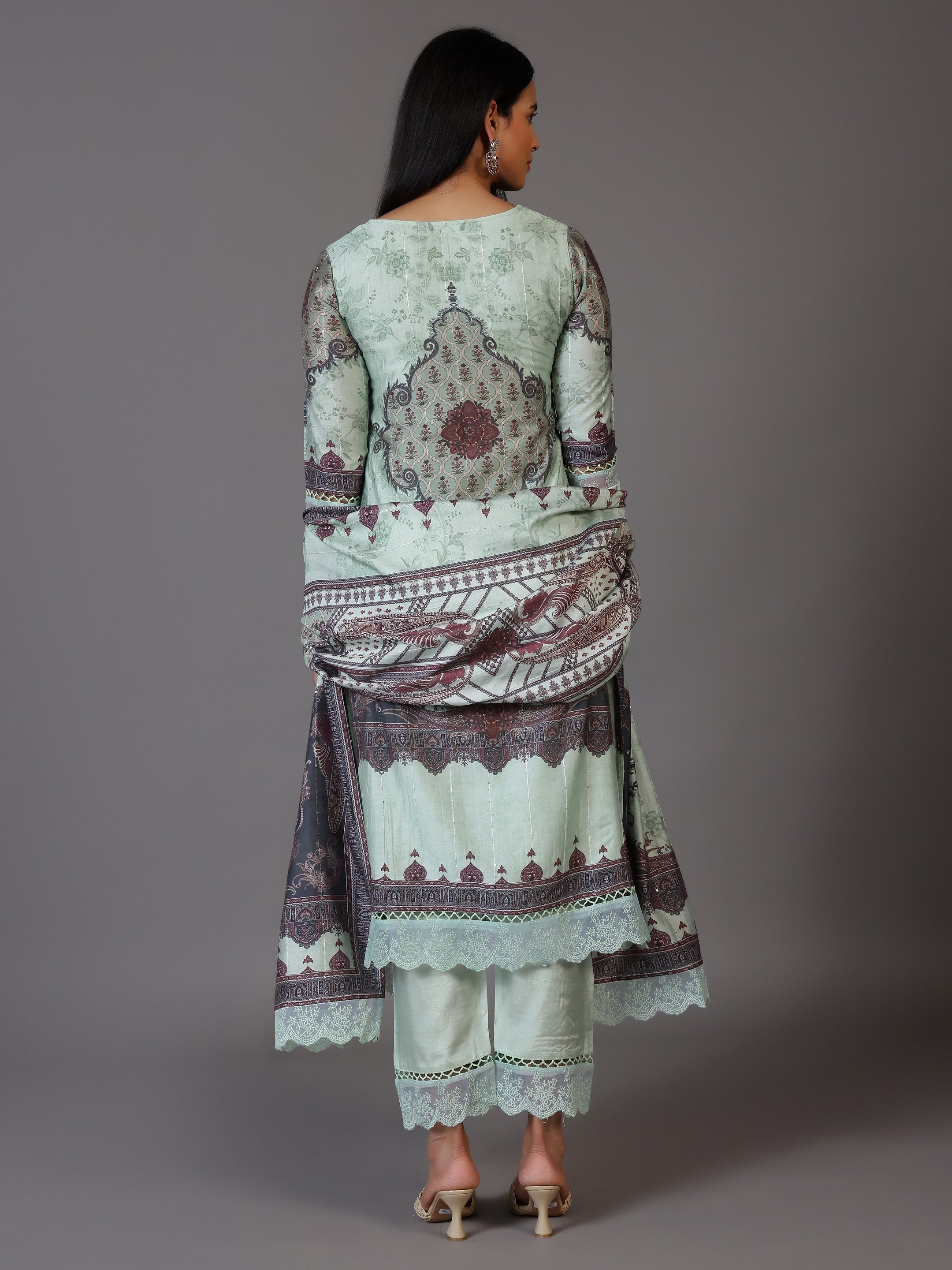 Green Printed Silk Blend Straight Suit With Dupatta