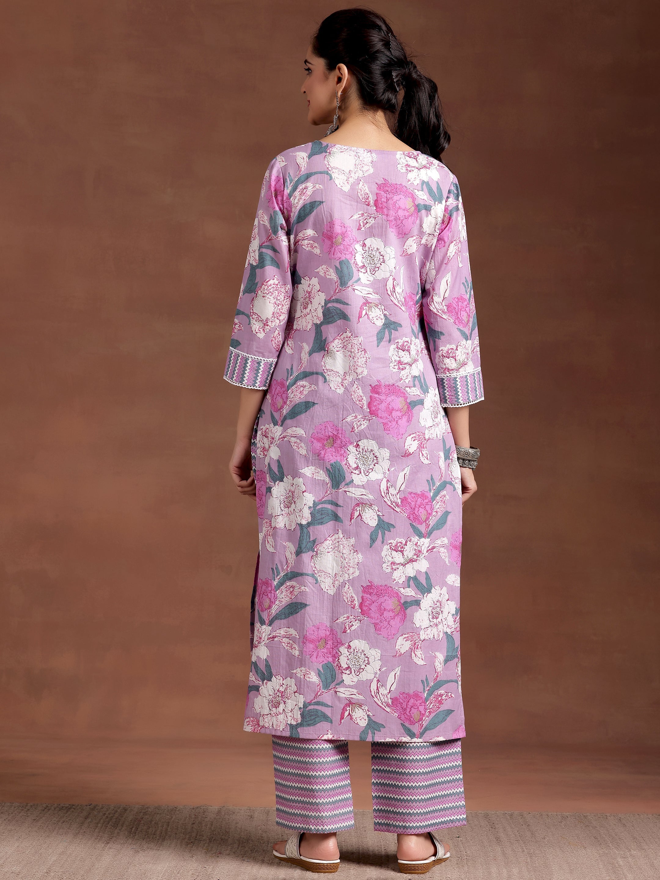 Lavender Printed Cotton Straight Kurta Set