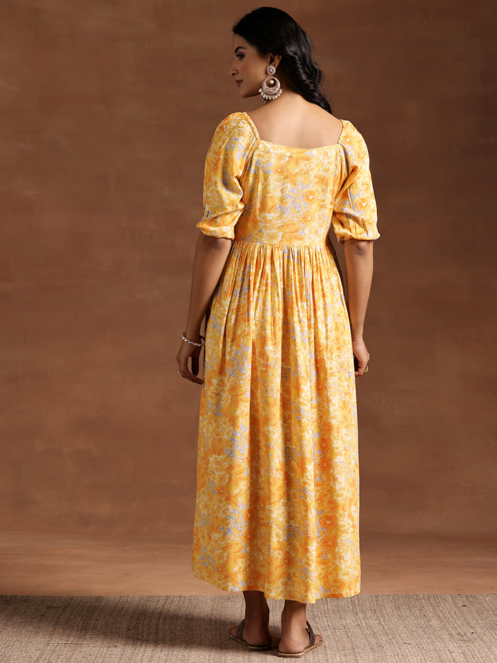 Yellow Printed Rayon Fit and Flare Dress