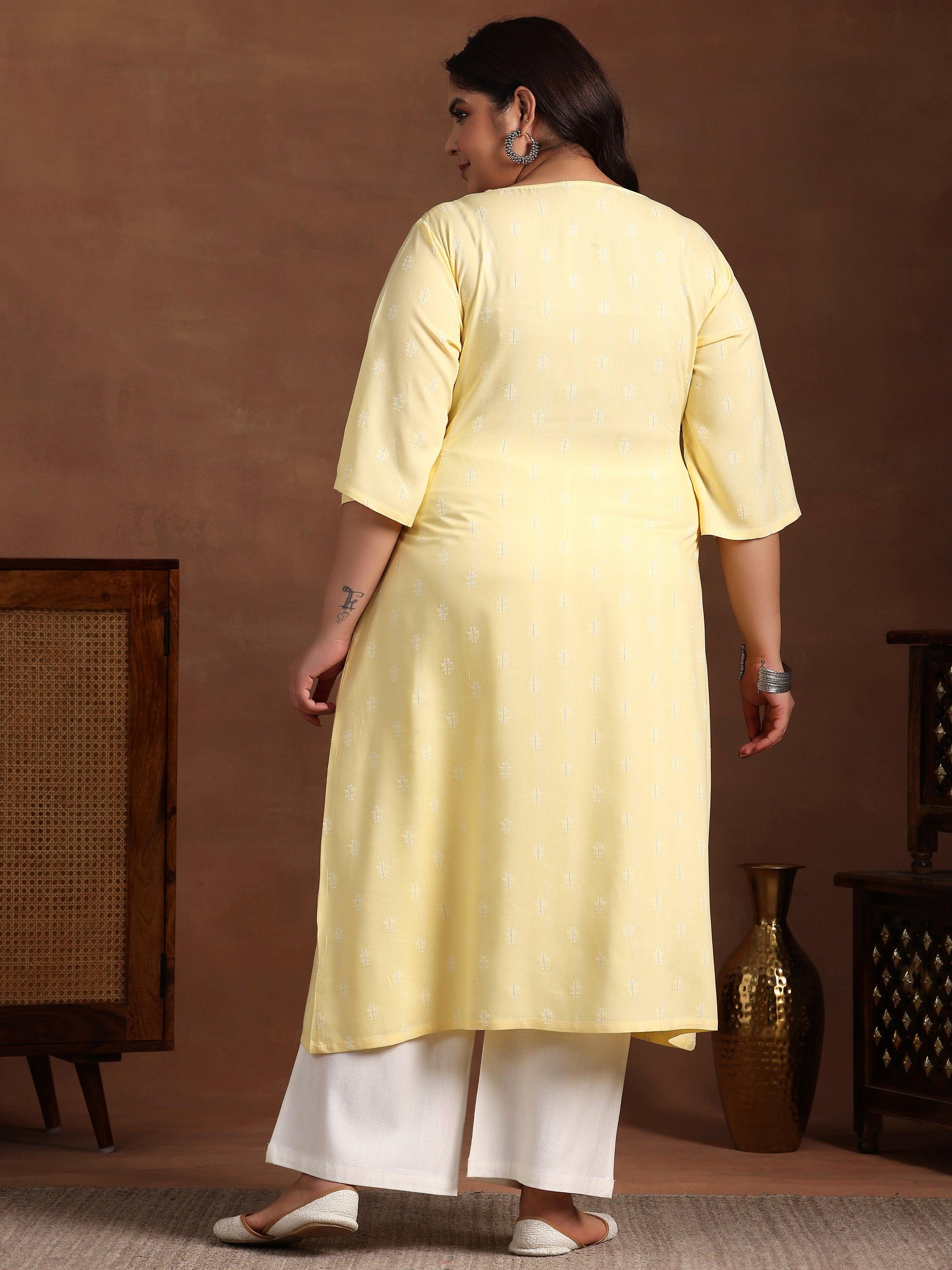 Plus Size Yellow Woven Design Rayon Straight Kurta