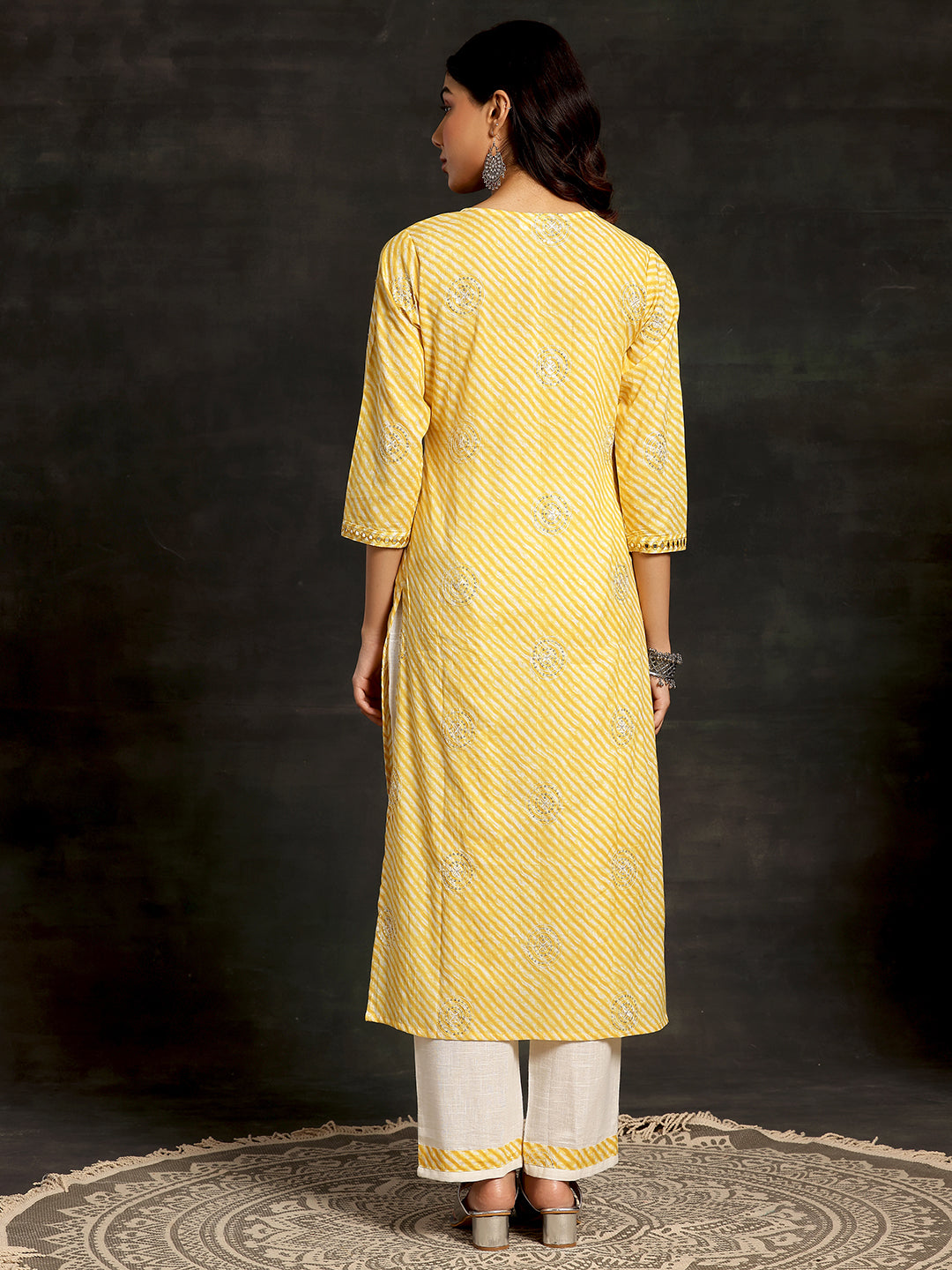 Yellow Printed Cotton Straight Kurta Set