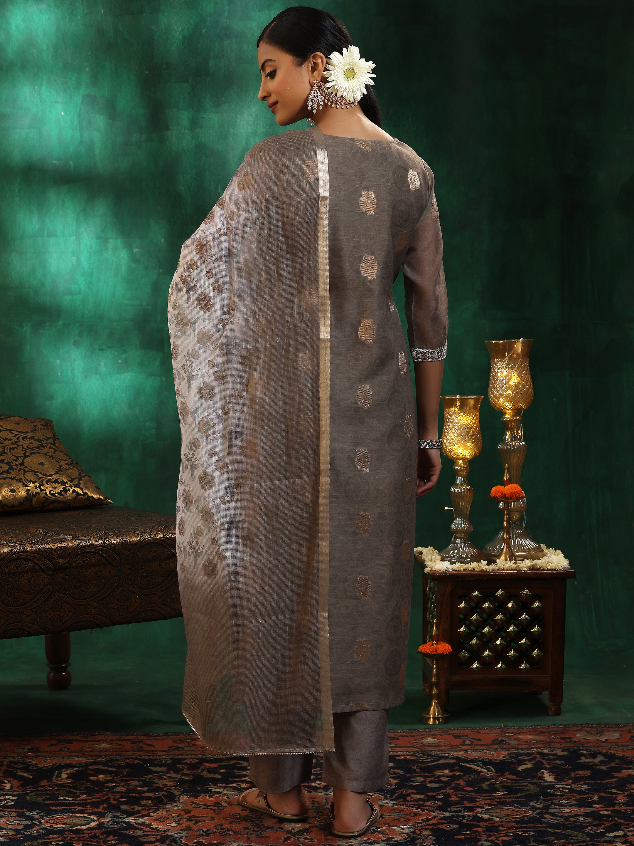 Green Woven Design Silk Blend Straight Suit With Dupatta