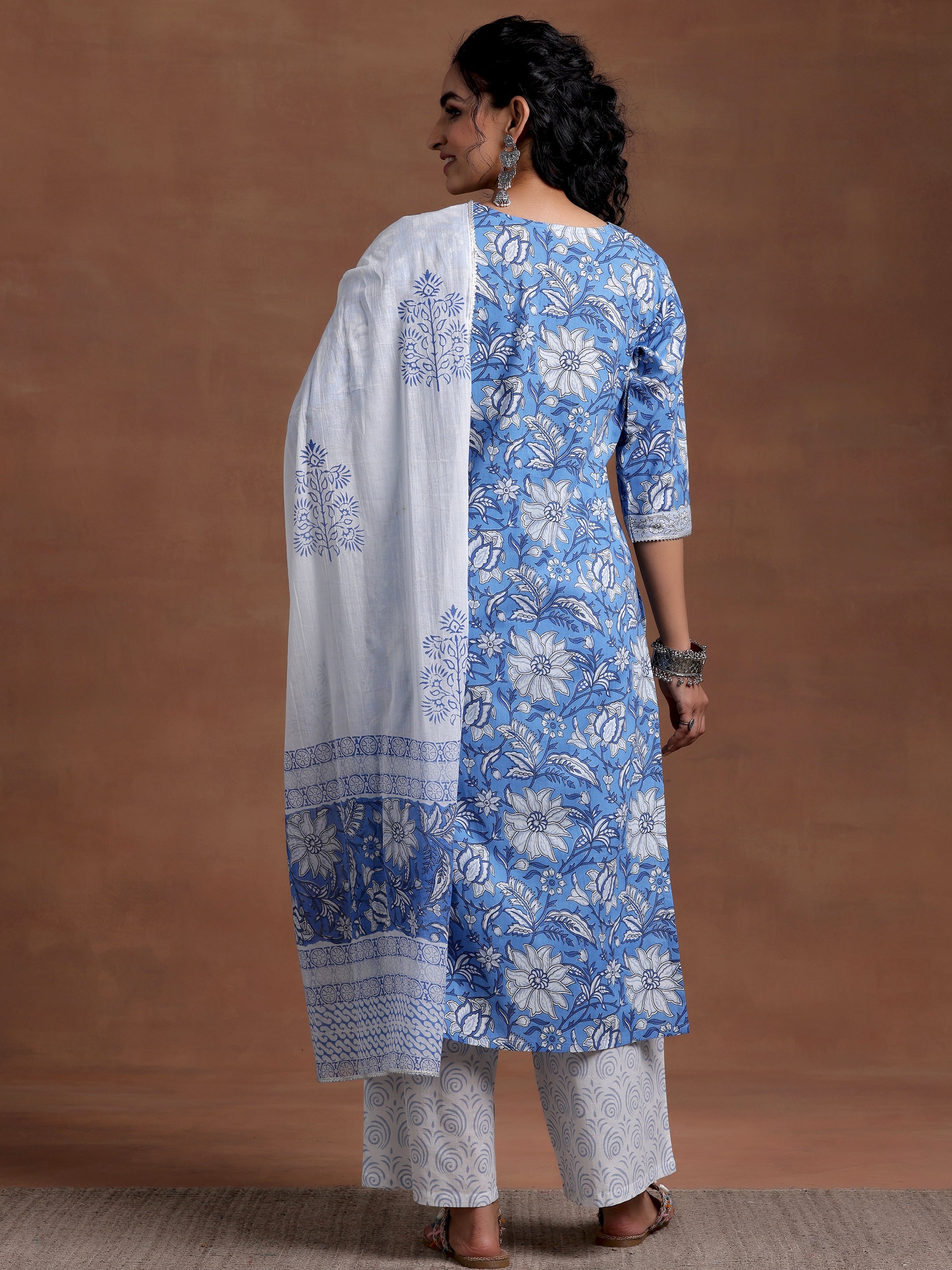 Blue Printed Cotton Straight Suit With Dupatta