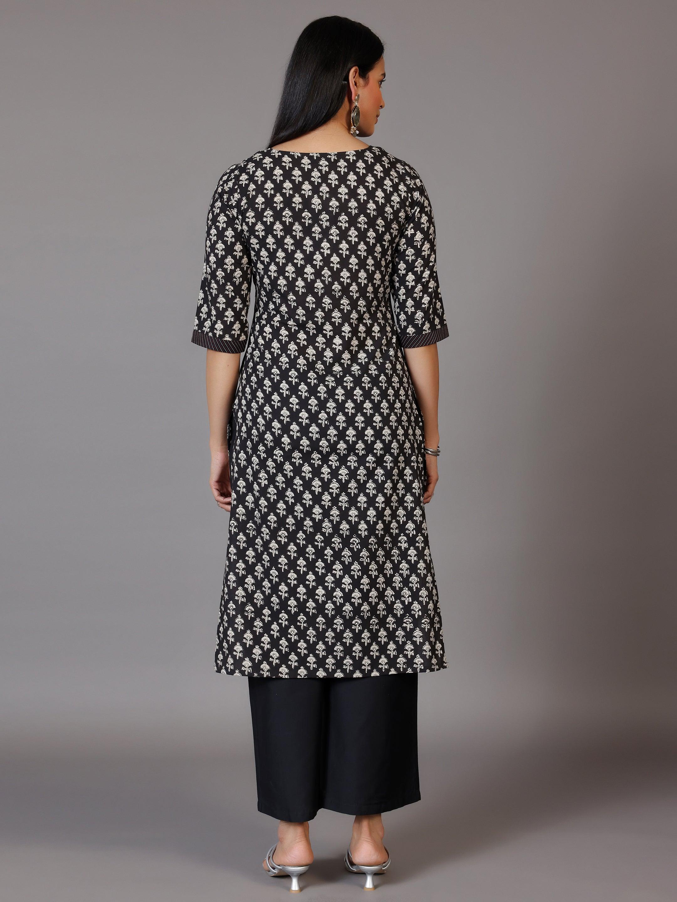 Black Printed Cotton Straight Kurta