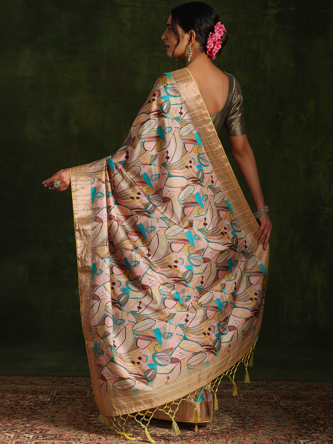 Green Printed Silk Blend Saree With Unstitched Blouse Piece