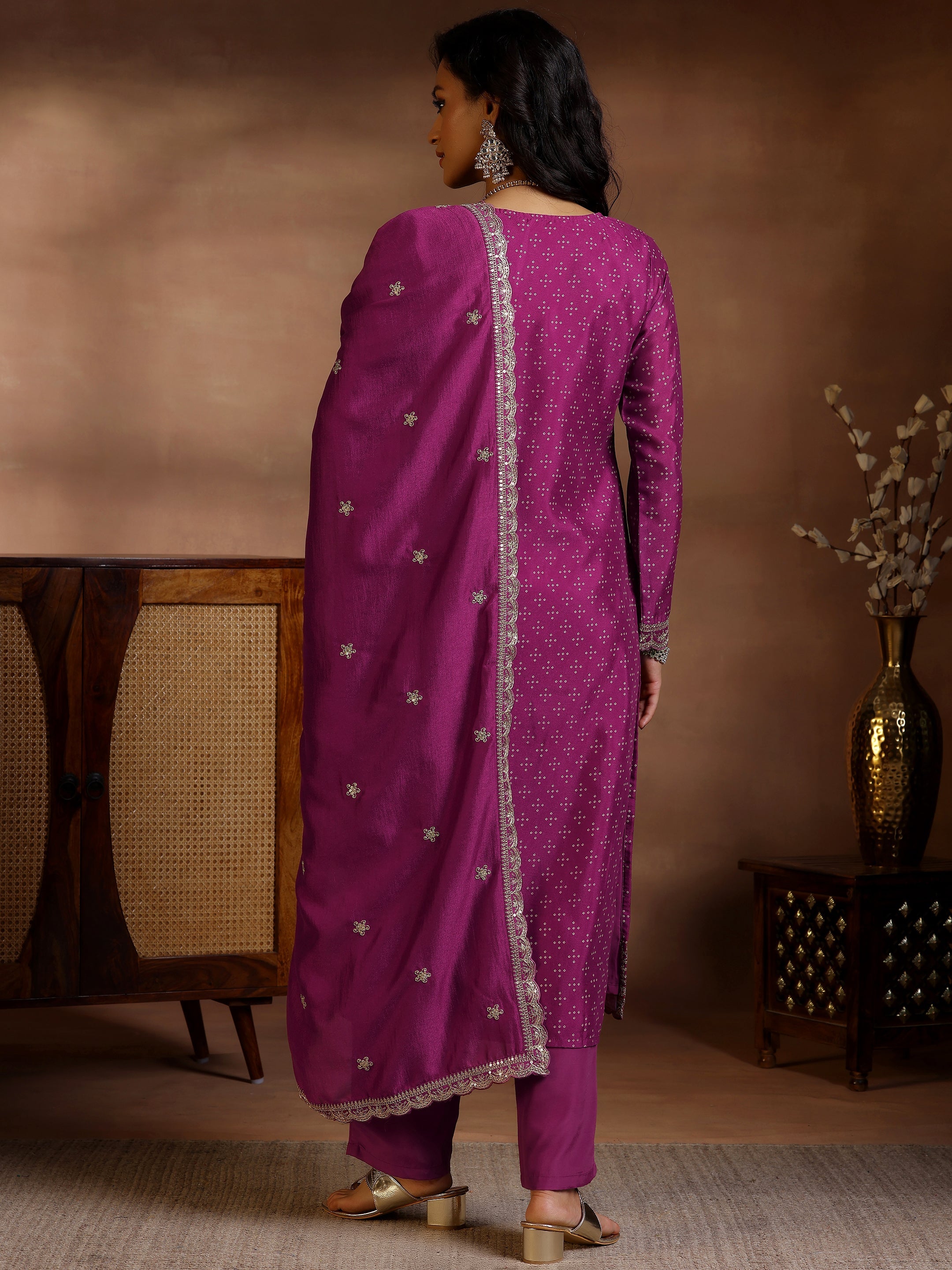 Wine Printed Silk Blend Straight Suit With Dupatta