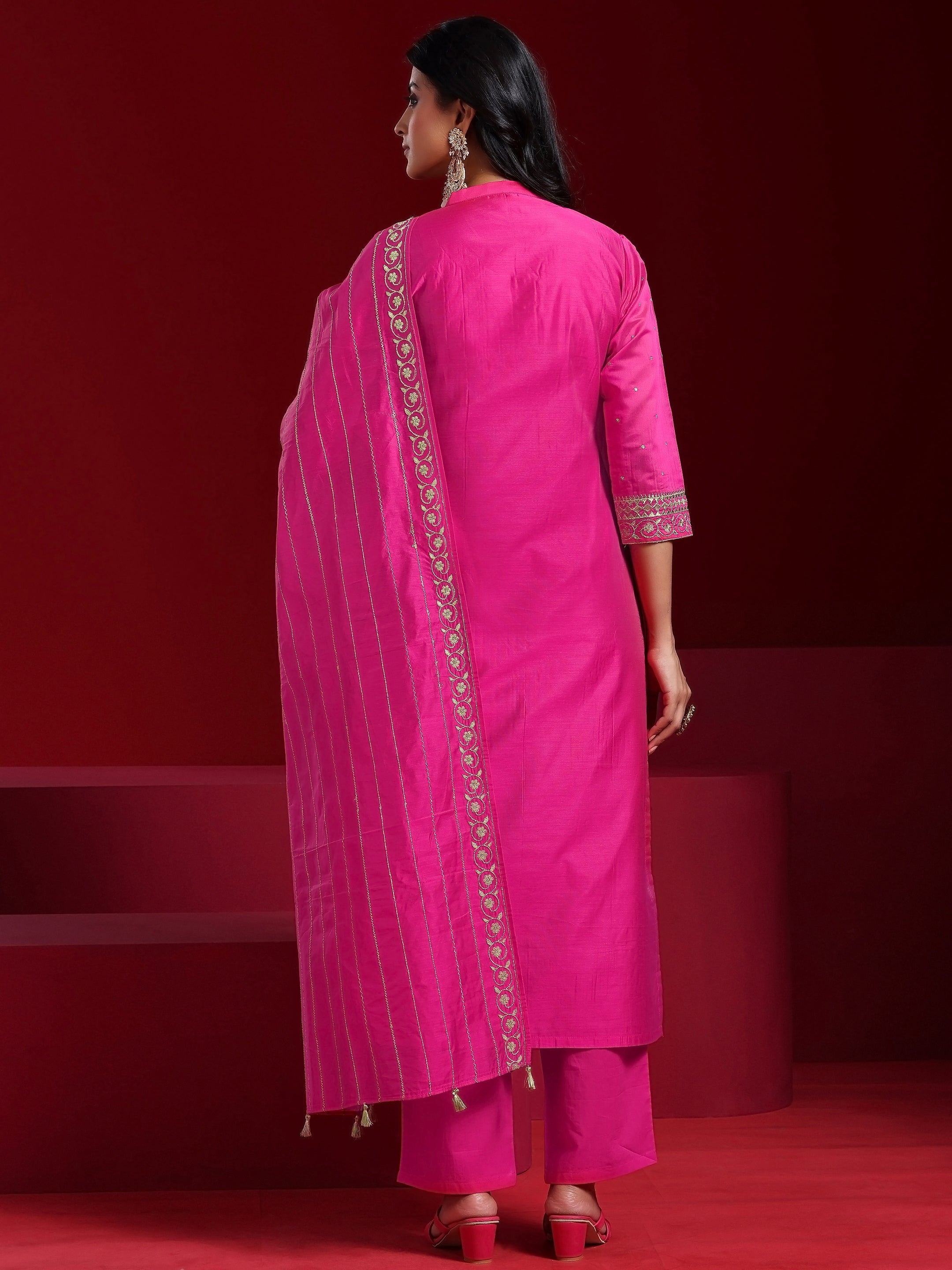 Libas Art Pink Yoke Design Chanderi Silk Straight Suit With Dupatta