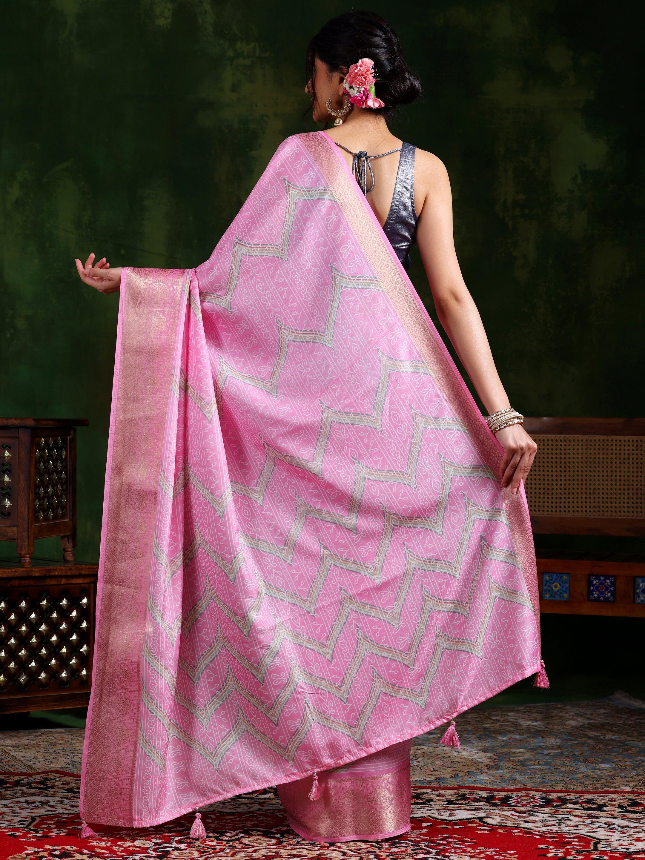 Pink Printed Silk Blend Saree With Unstitched Blouse Piece