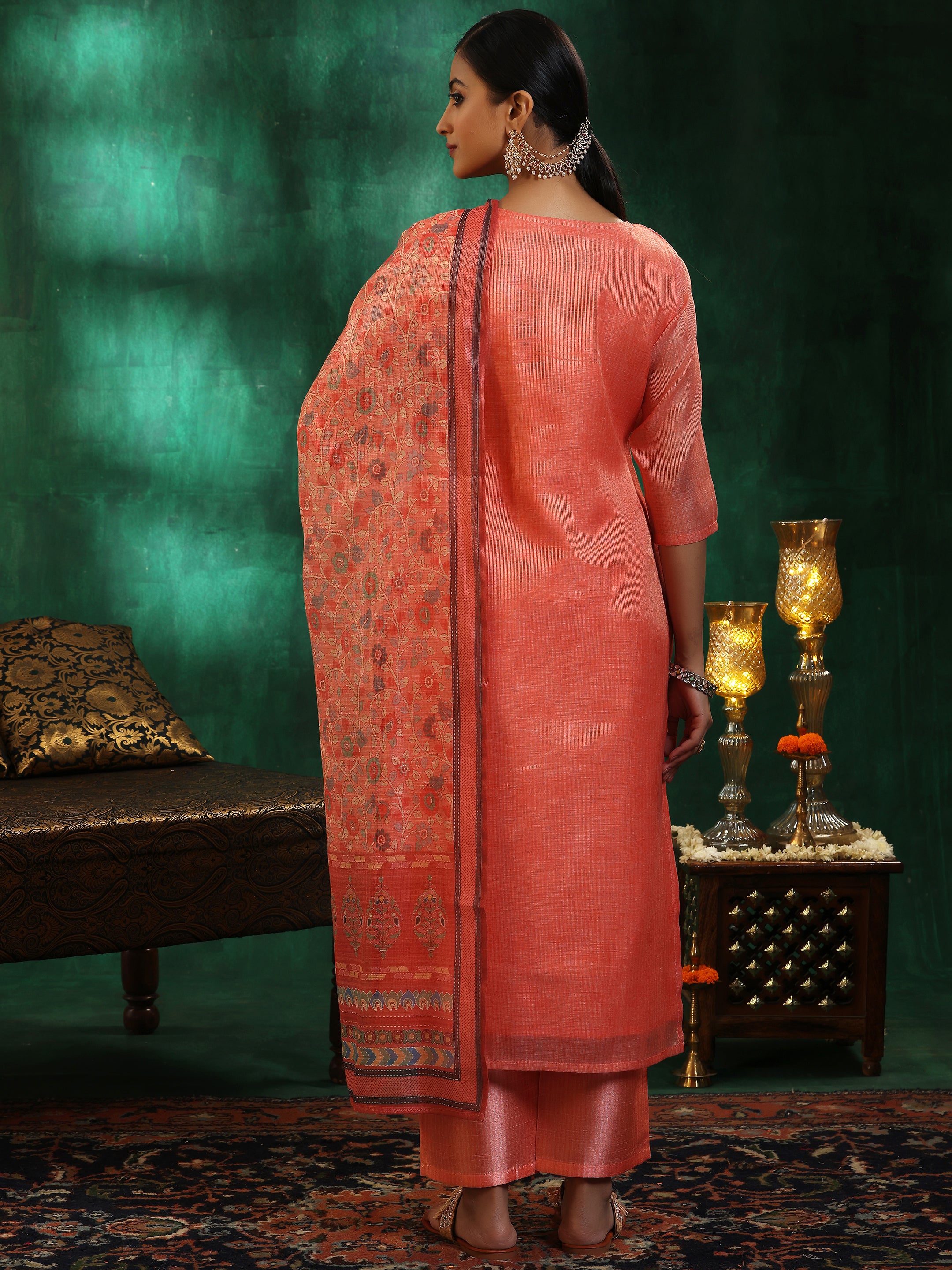 Peach Yoke Design Silk Blend Straight Suit With Dupatta