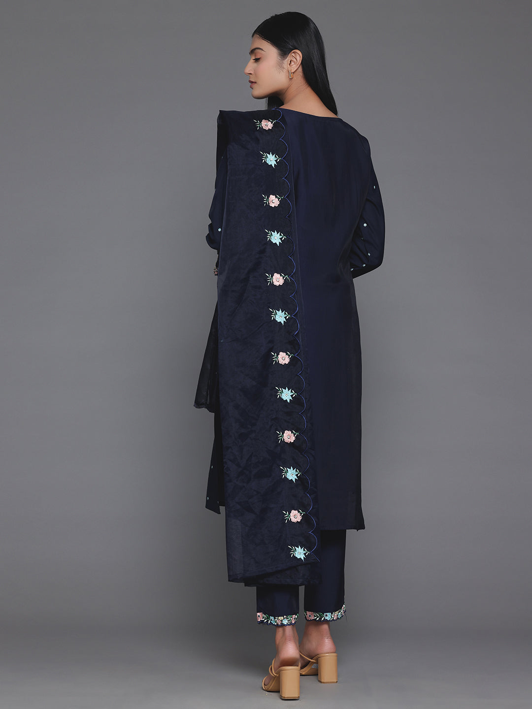 Blue Embroidered Silk Blend Straight Suit With Dupatta