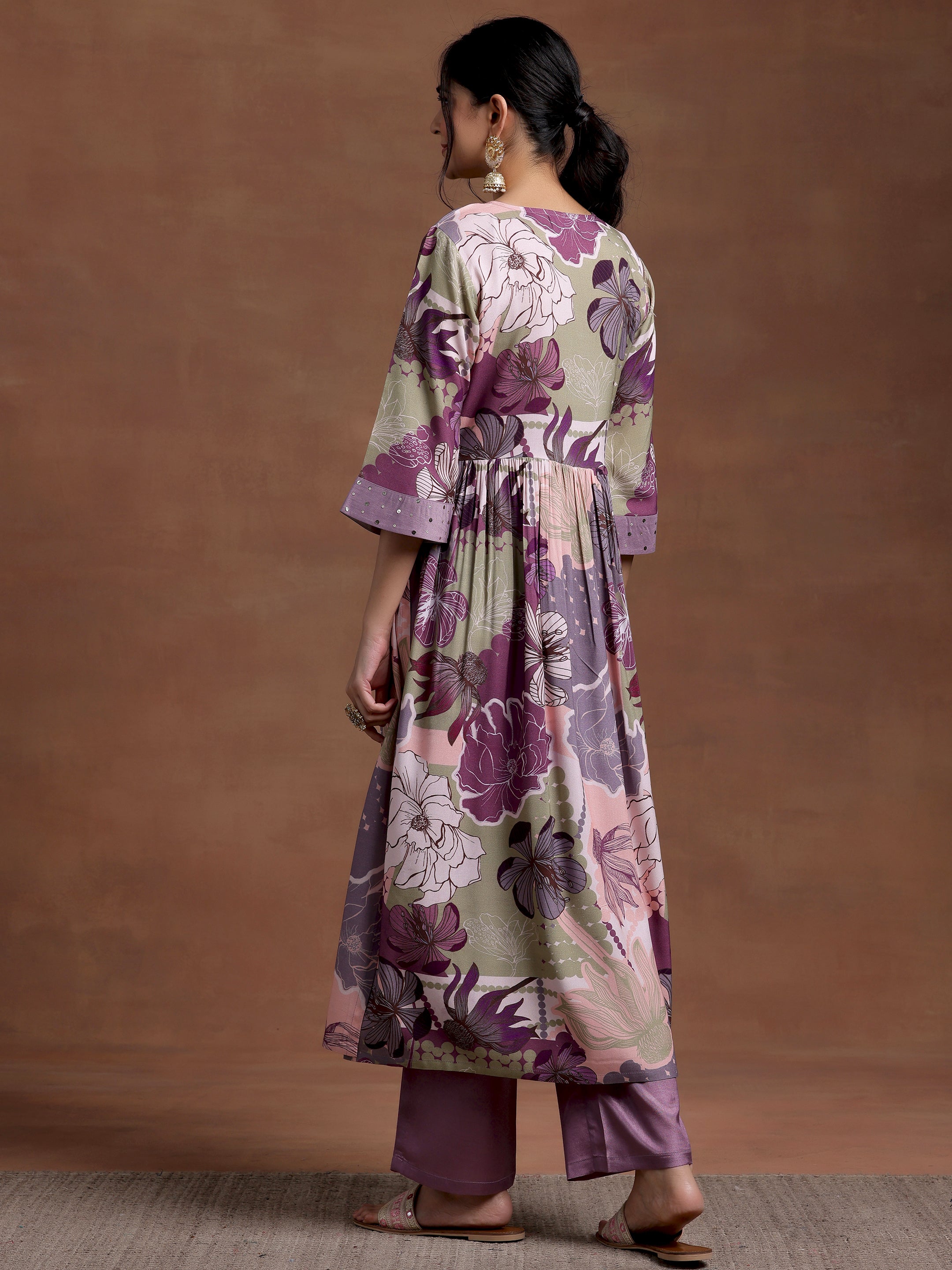 Mauve Printed Rayon A-Line Kurta With Trousers