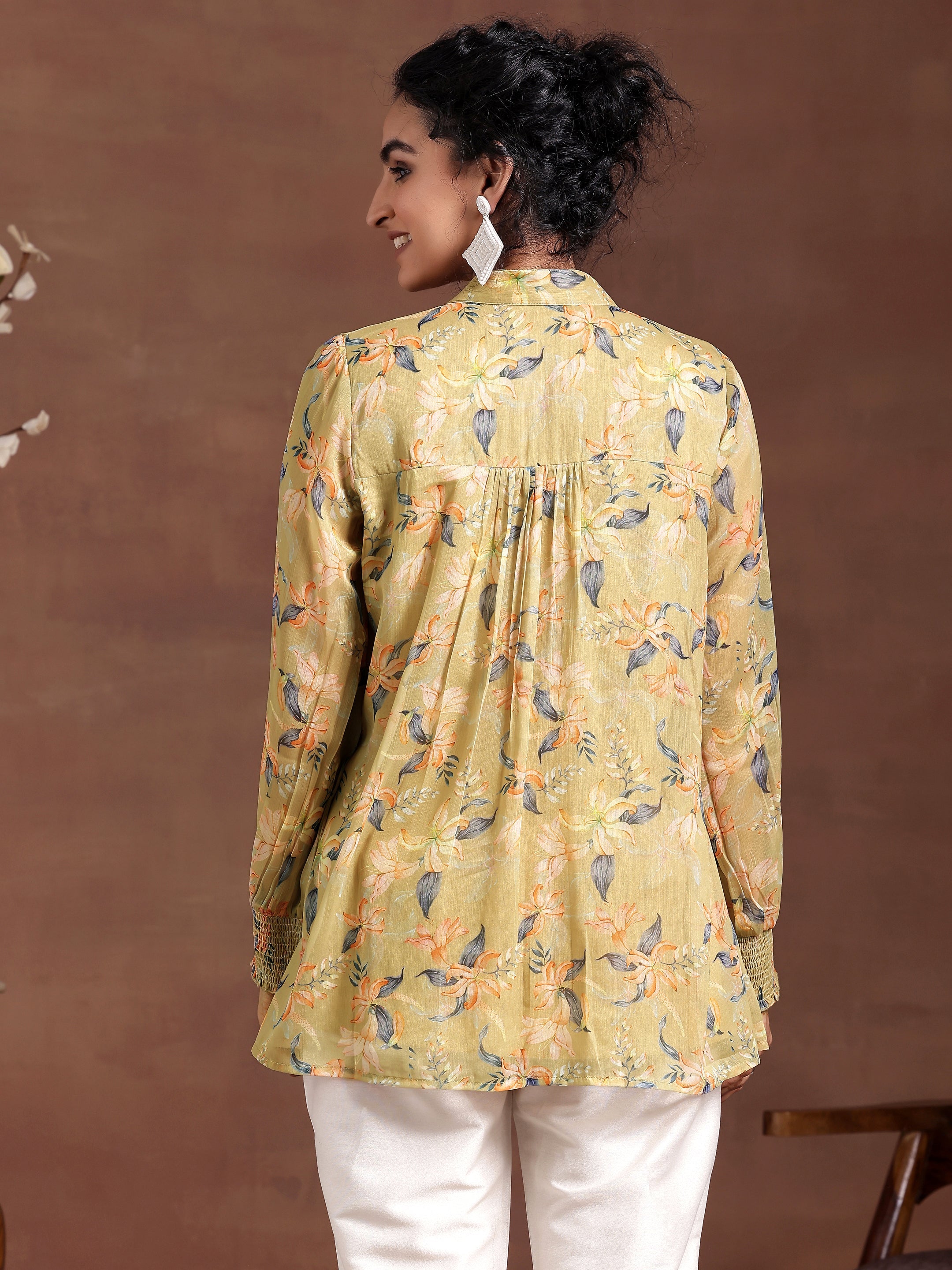 Mustard Printed Chiffon A-Line Kurti