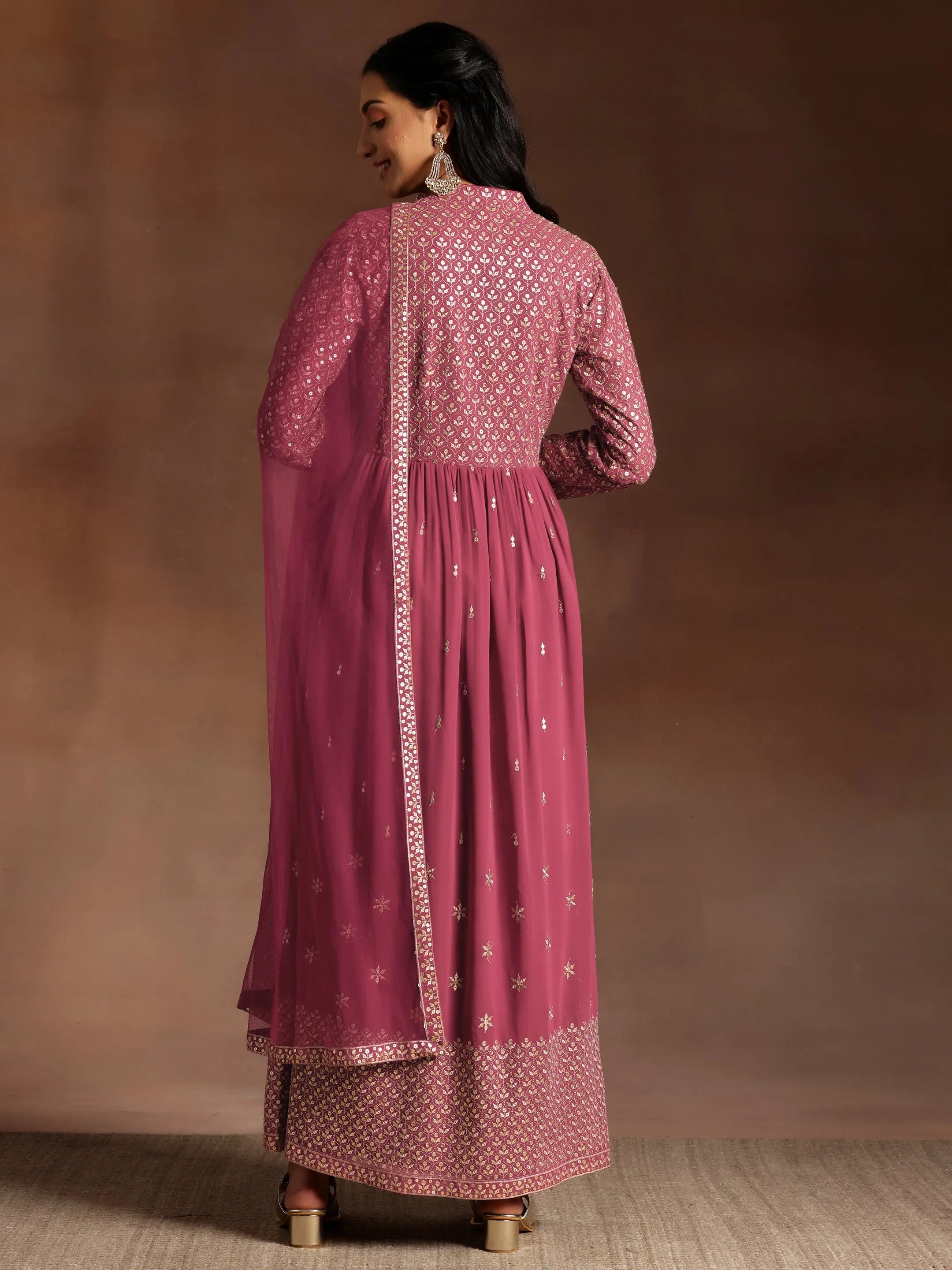 Chandni Mauve Embroidered Georgette A-Line Kurta With Trousers & Dupatta