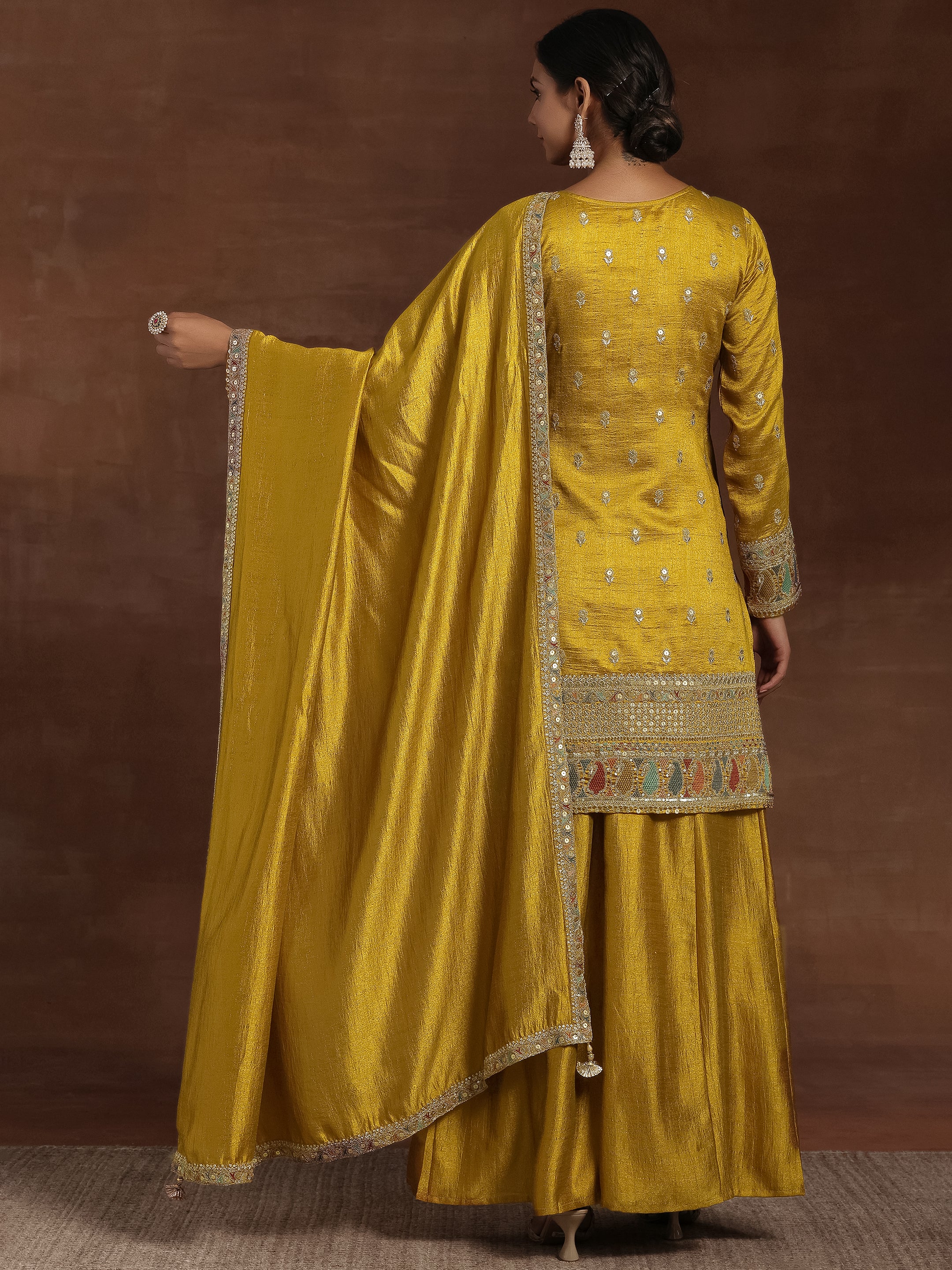 Adaa Mustard Embroidered Silk Blend Straight Kurta With Palazzos & Dupatta