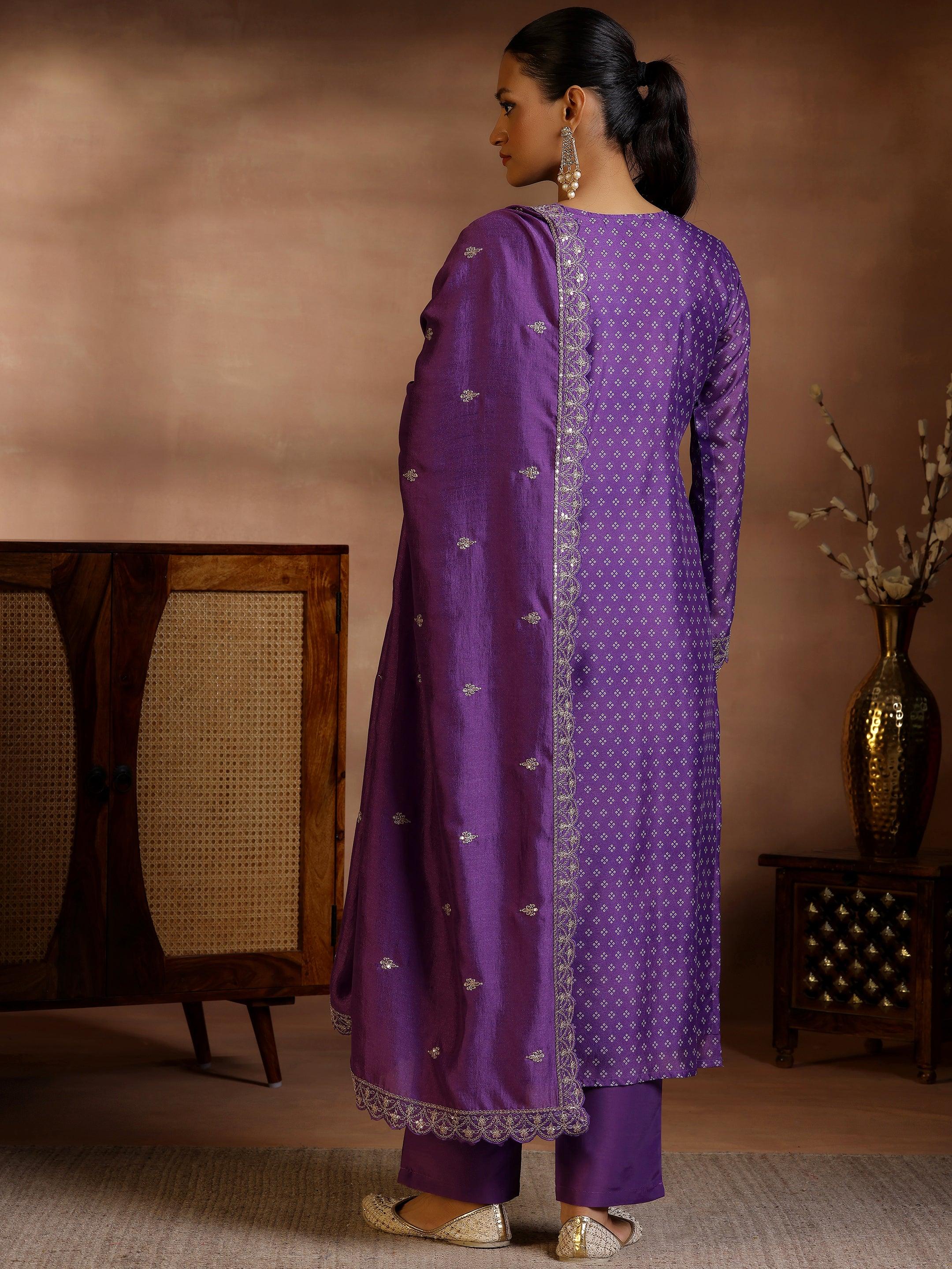 Purple Printed Silk Blend Straight Suit With Dupatta