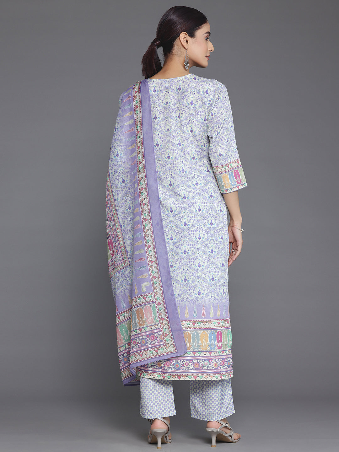 Purple Printed Poly Crepe Straight Suit With Dupatta