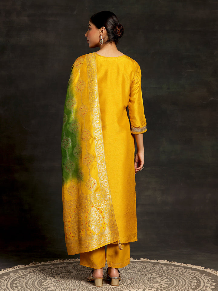 Mustard Woven Design Silk Blend Straight Suit With Dupatta