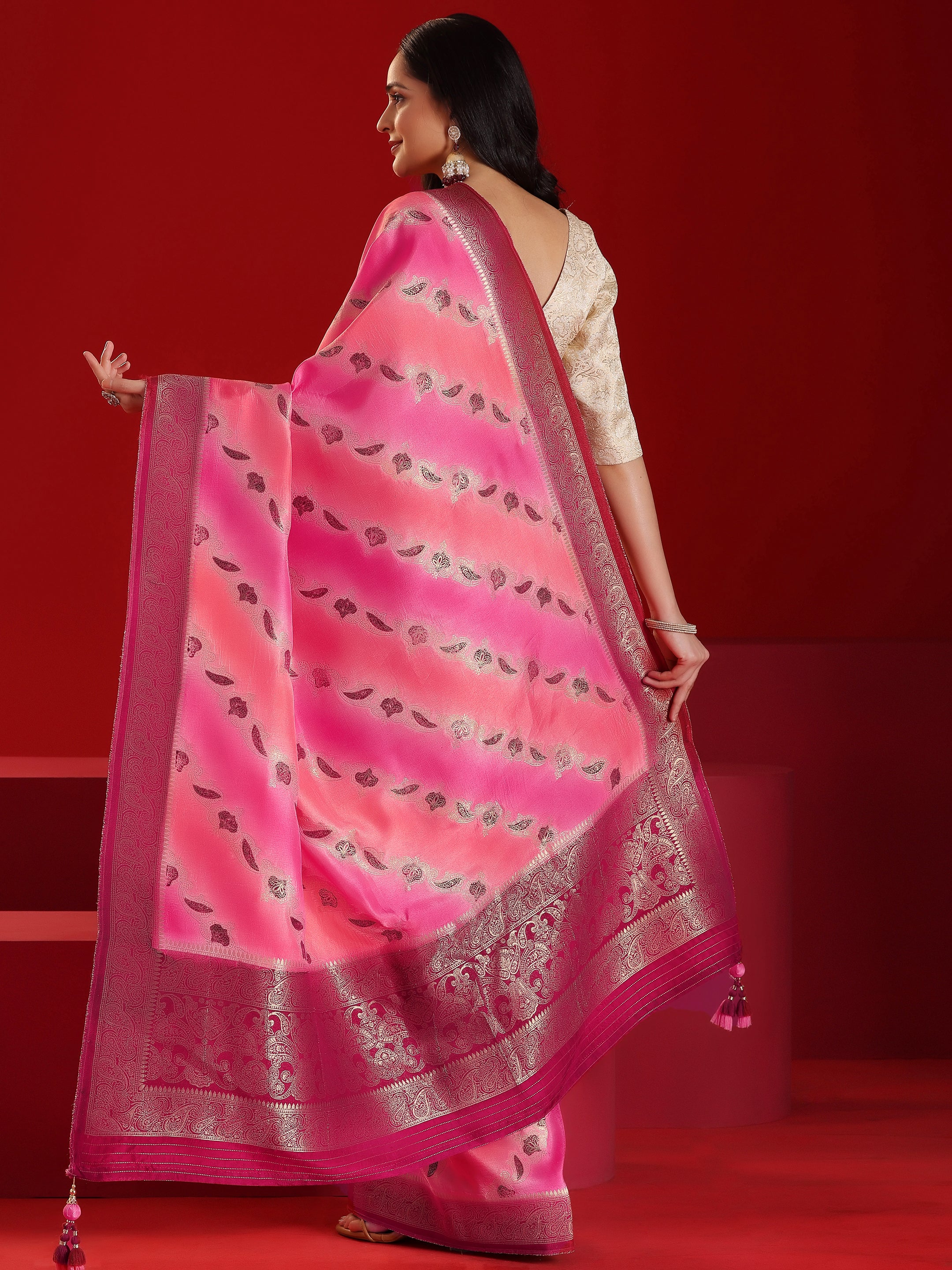 Libas Art Pink Woven Design Satin Saree With Unstitched  Blouse Piece