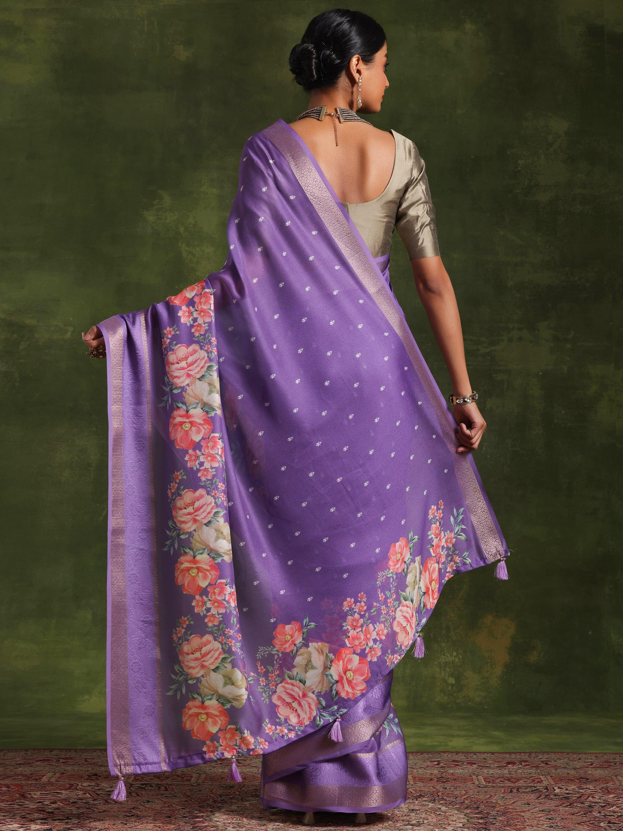 Purple Printed Silk Blend Saree With Unstitched Blouse Piece