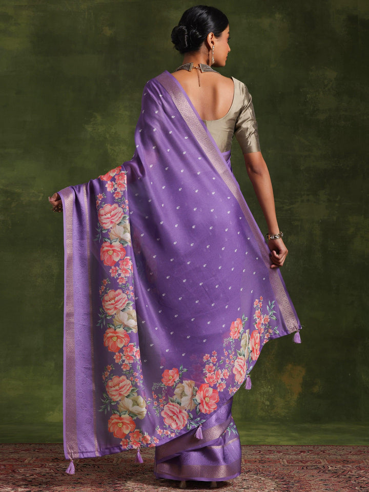 Purple Printed Silk Blend Saree With Unstitched Blouse Piece - Libas