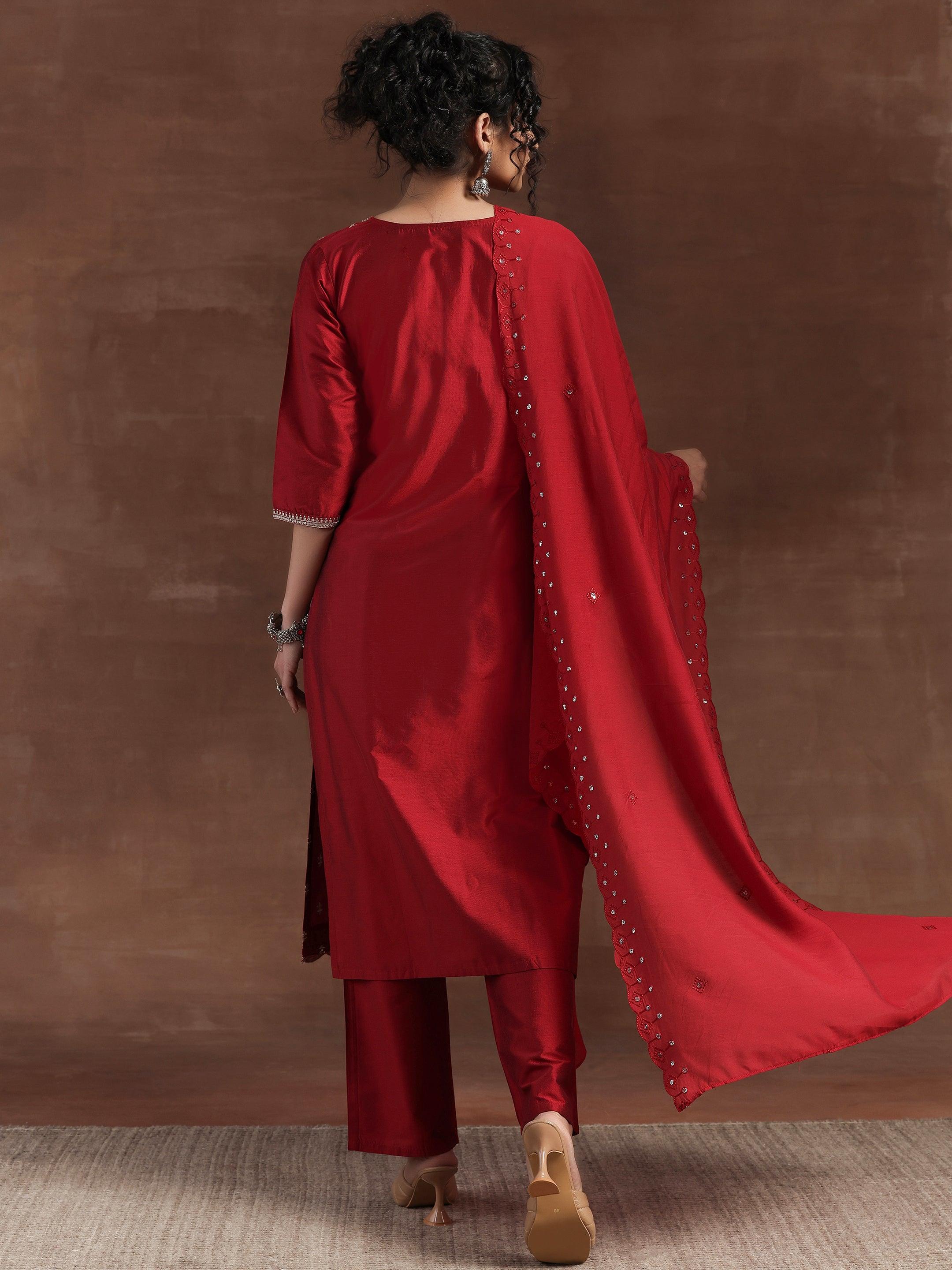 Red Embroidered Silk Blend Straight Suit With Dupatta