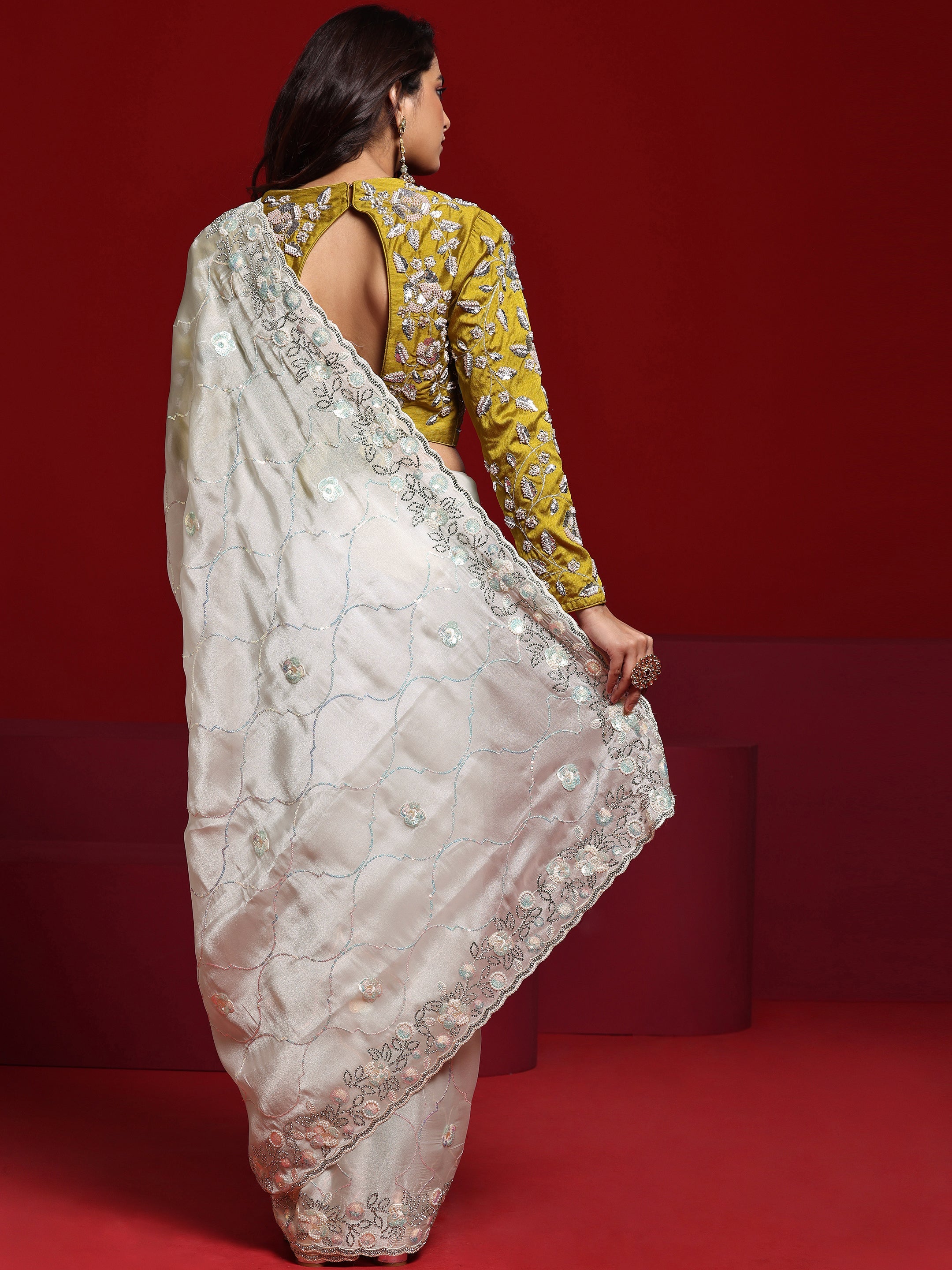 Libas Art Off White Embellished Tissue Saree With Unstitched Blouse Piece