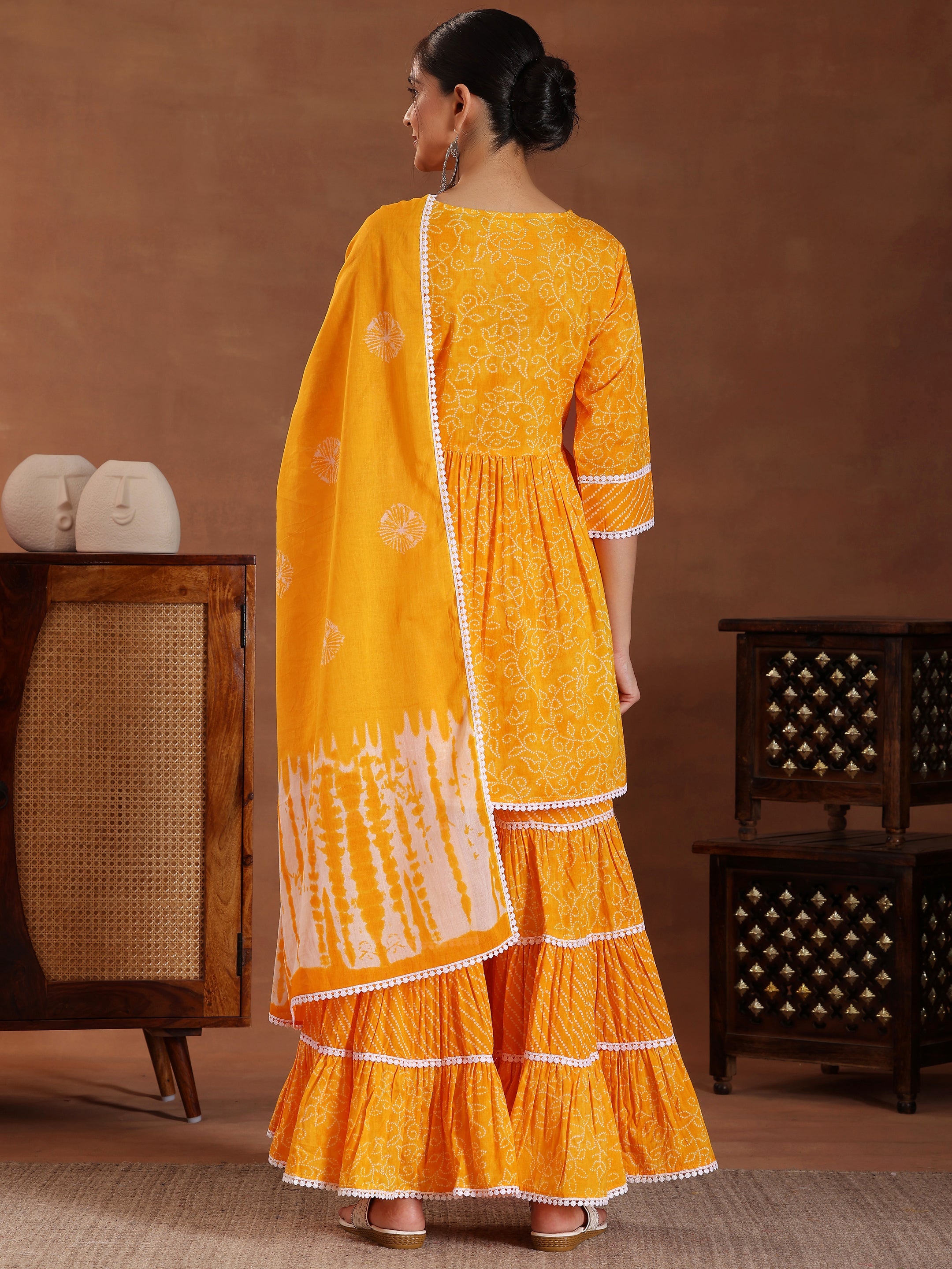 Mustard Printed Pure Cotton A-Line Kurti With Sharara & Dupatta