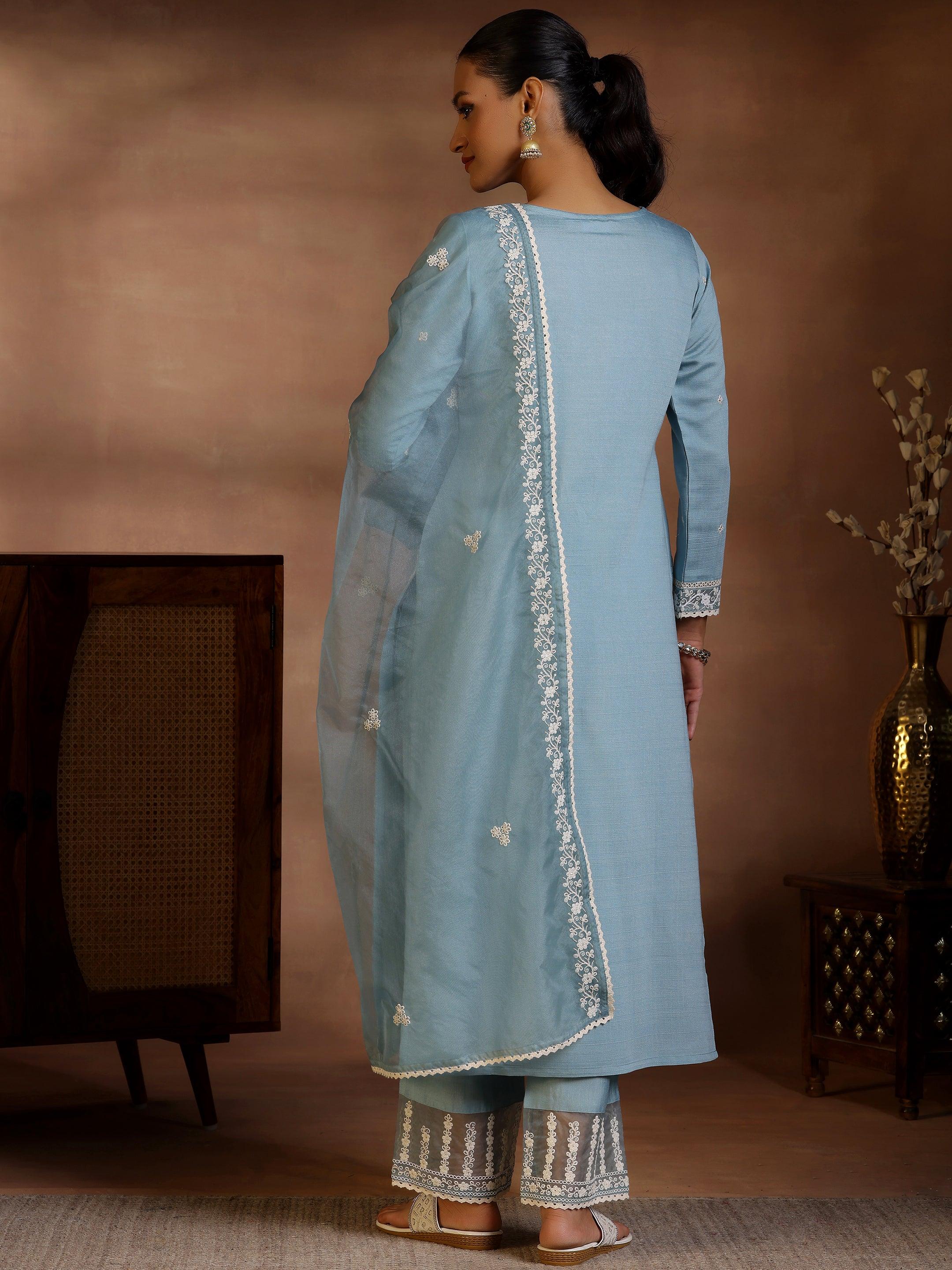 Blue Yoke Design Silk Blend Straight Suit With Dupatta