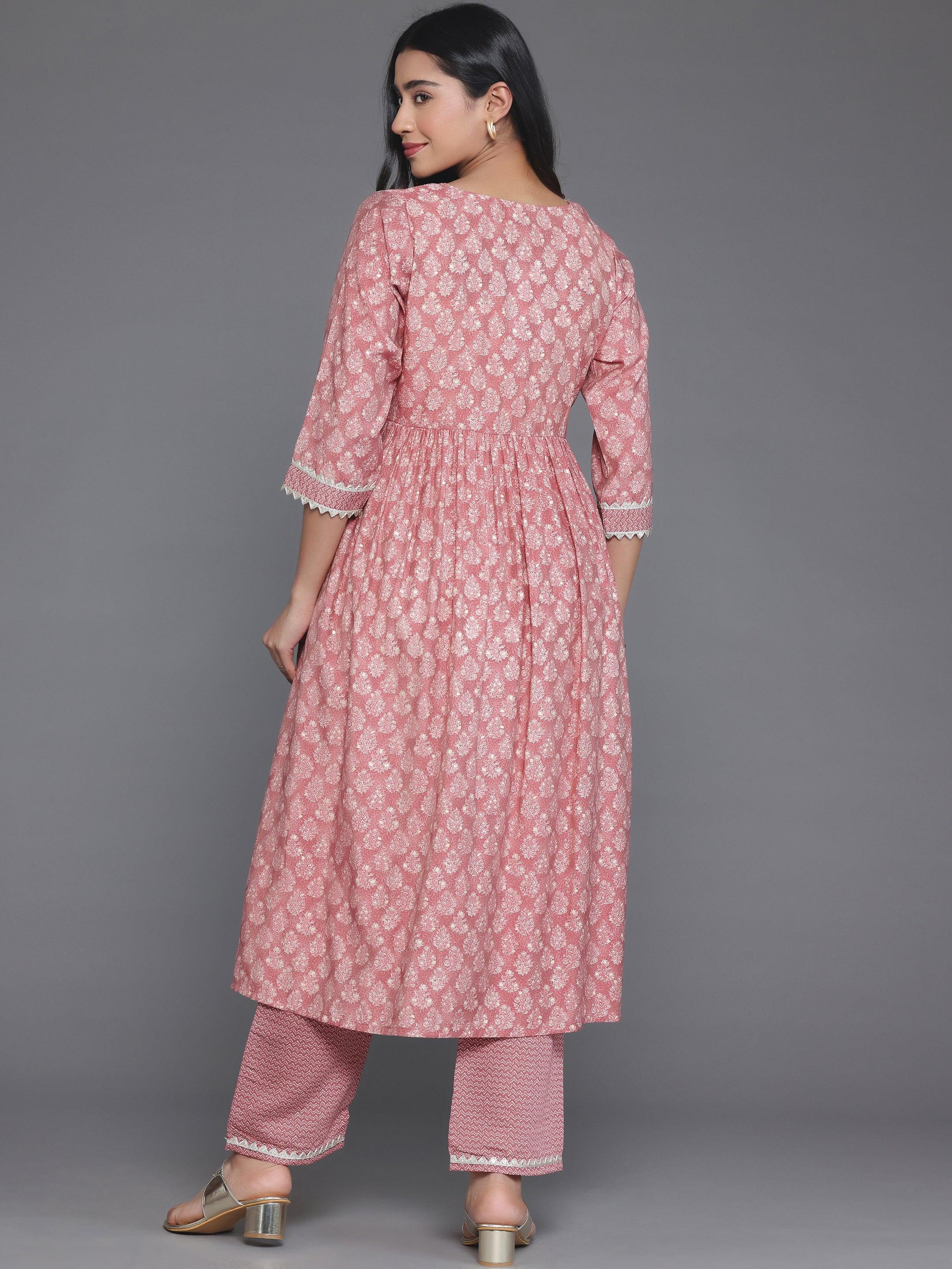 Mauve Printed Silk Blend A-Line Kurta With Palazzos