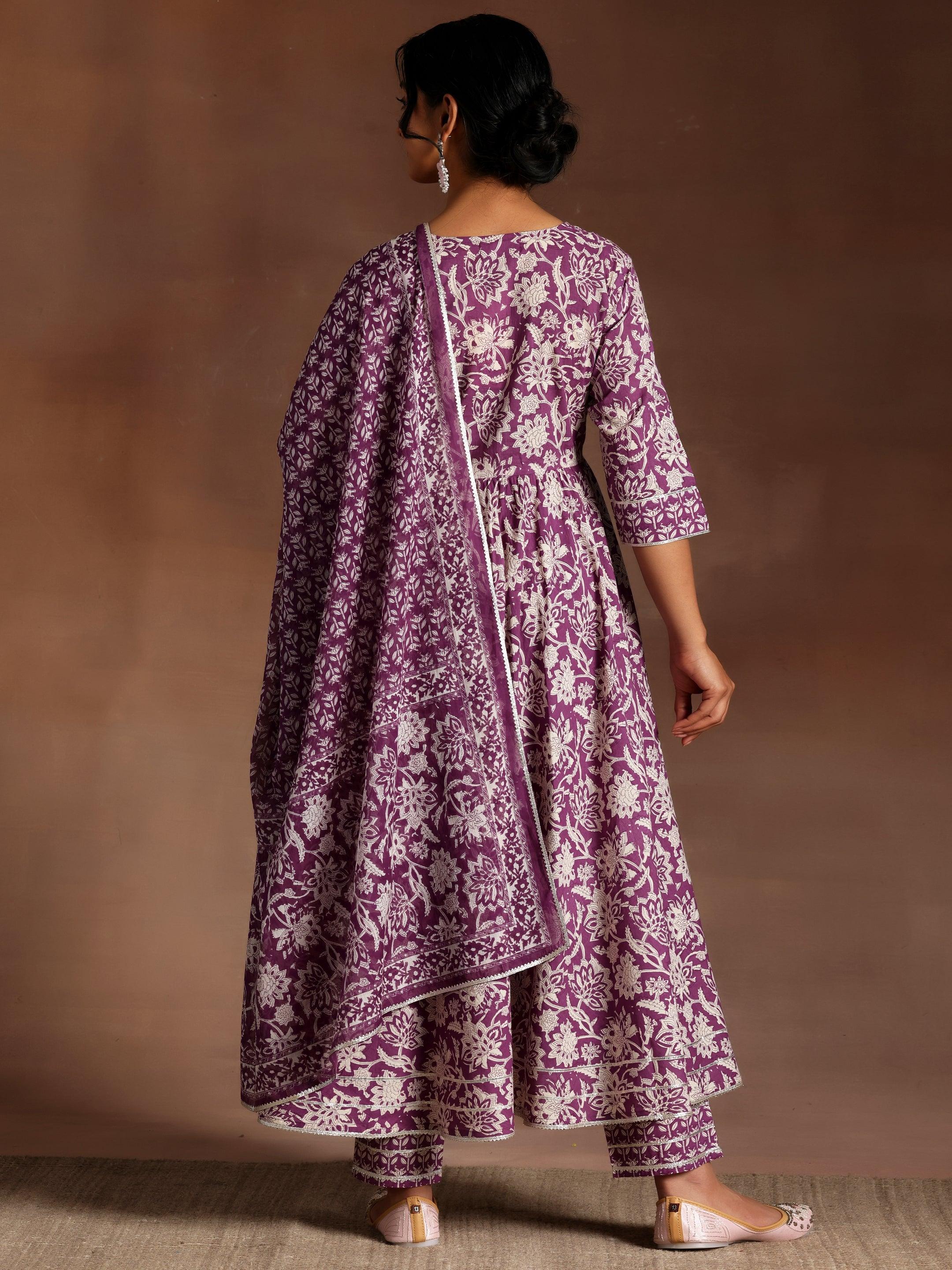 Purple Printed Cotton Anarkali Suit With Dupatta