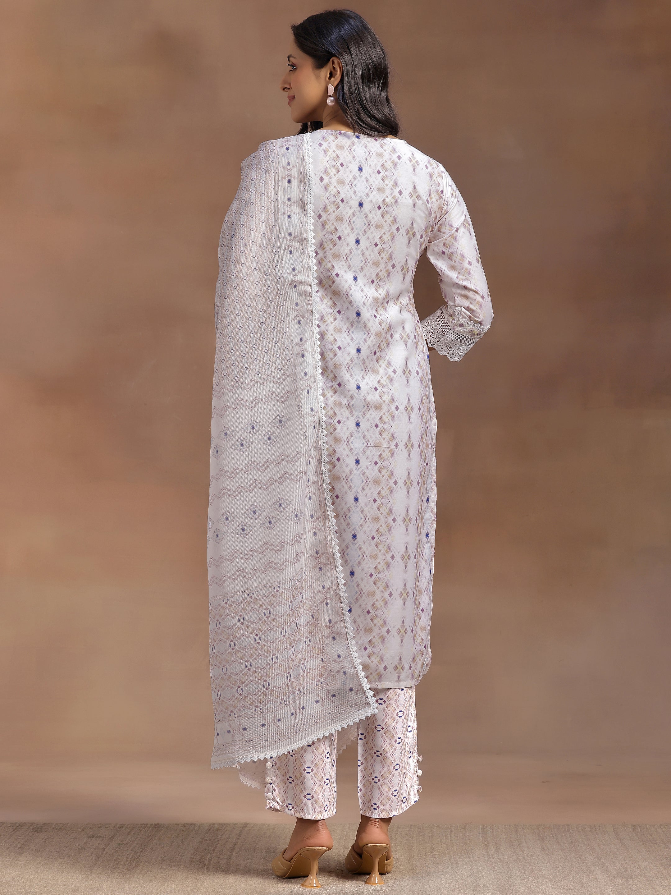 Beige Embroidered Cotton Blend Straight Suit With Dupatta