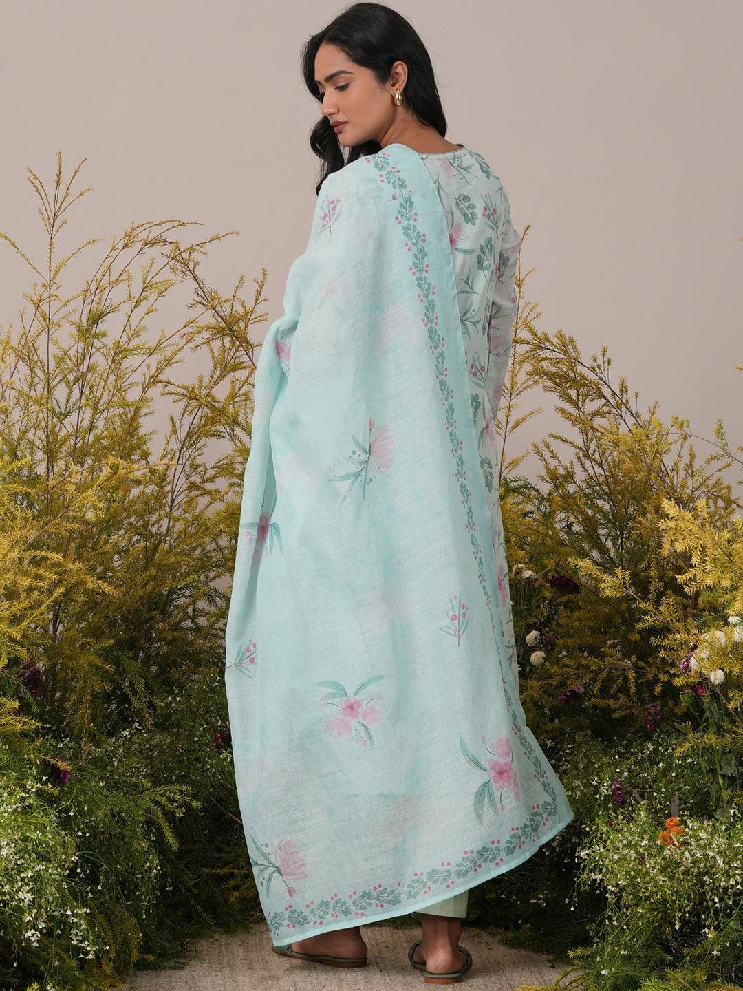 Green Printed Linen Straight Suit With Dupatta