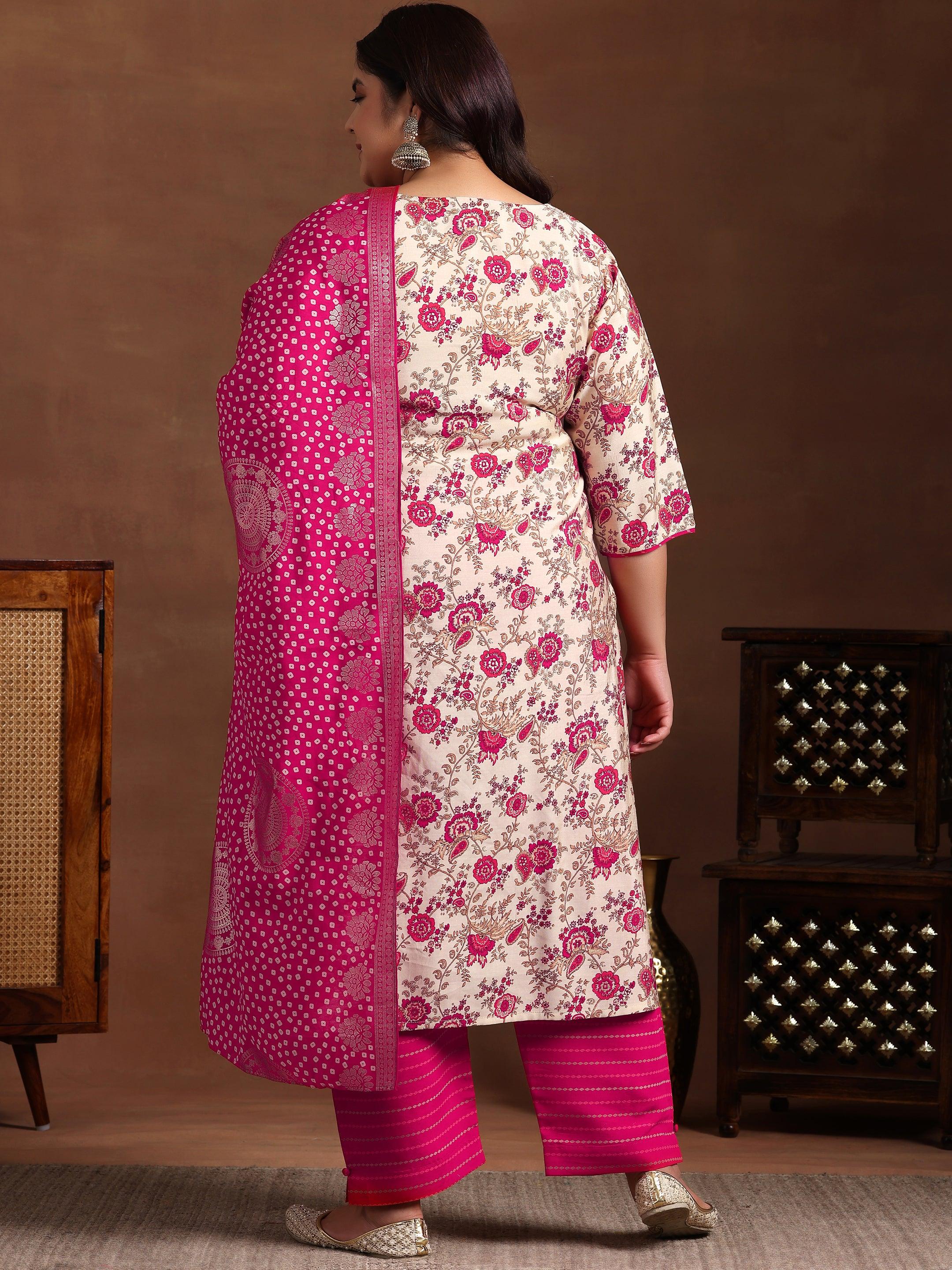 Plus Size Pink Printed Silk Blend Straight Suit With Dupatta