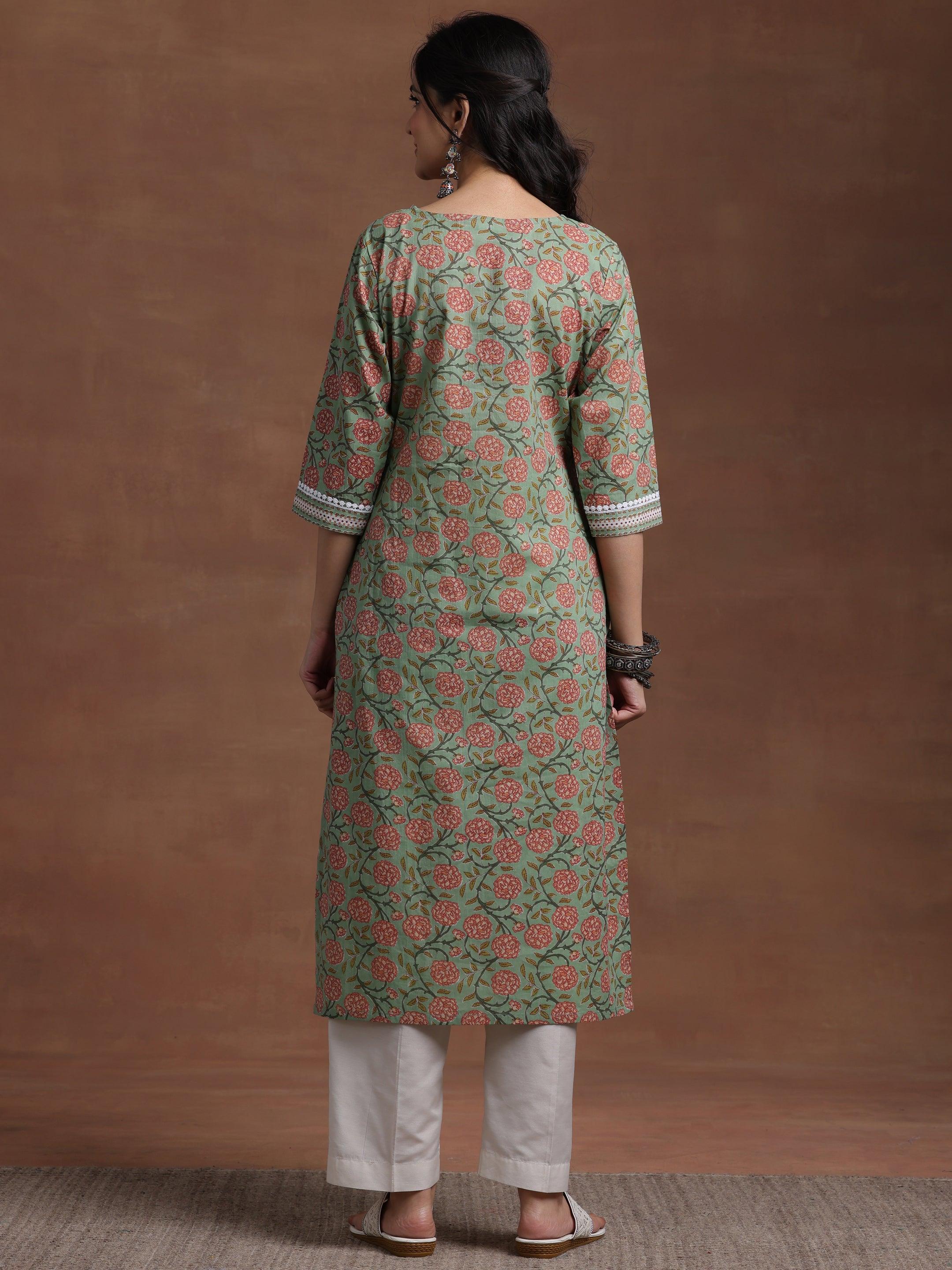 Green Printed Cotton Straight Kurta