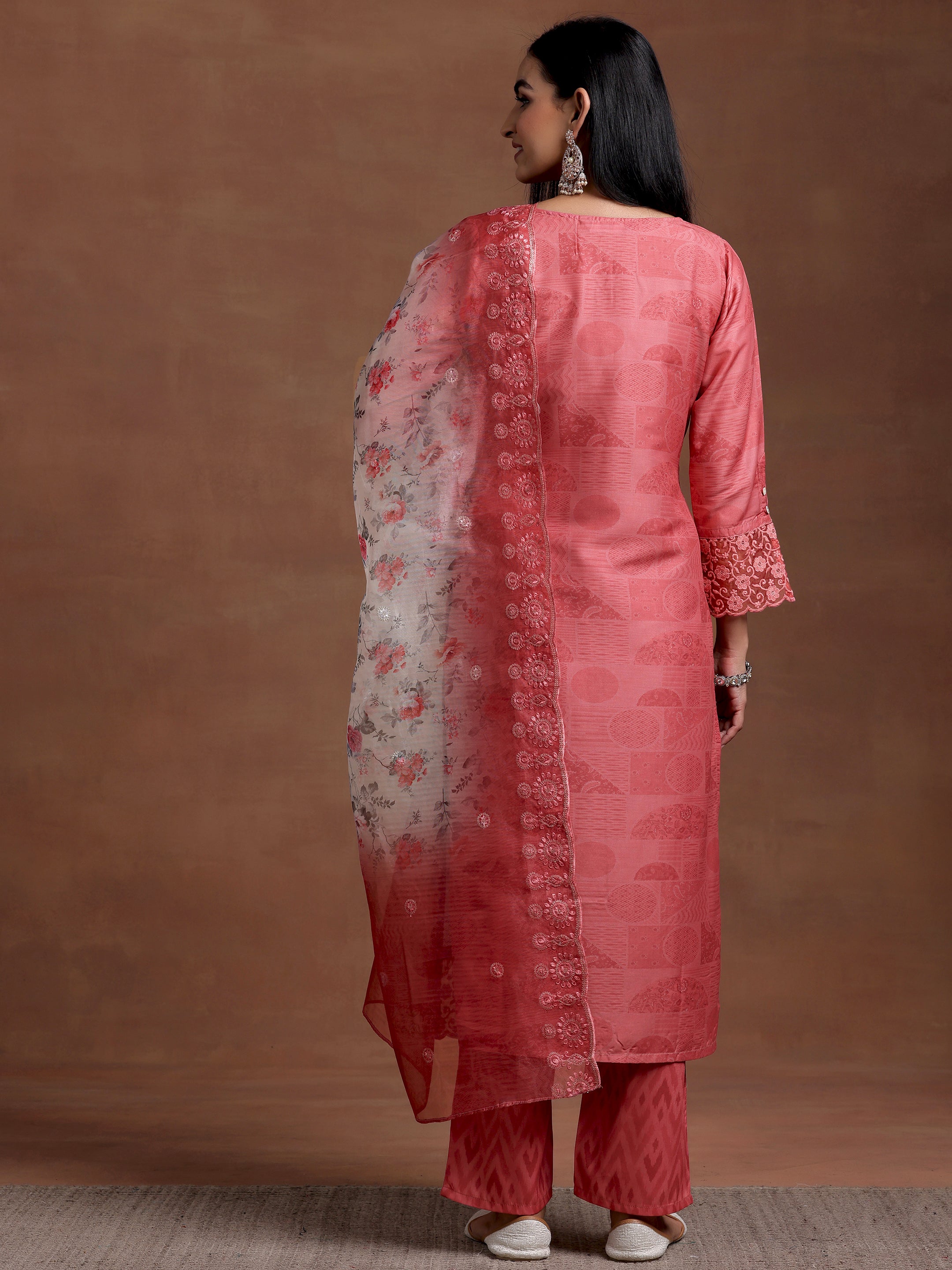 Peach Embroidered Silk Blend Straight Suit With Dupatta