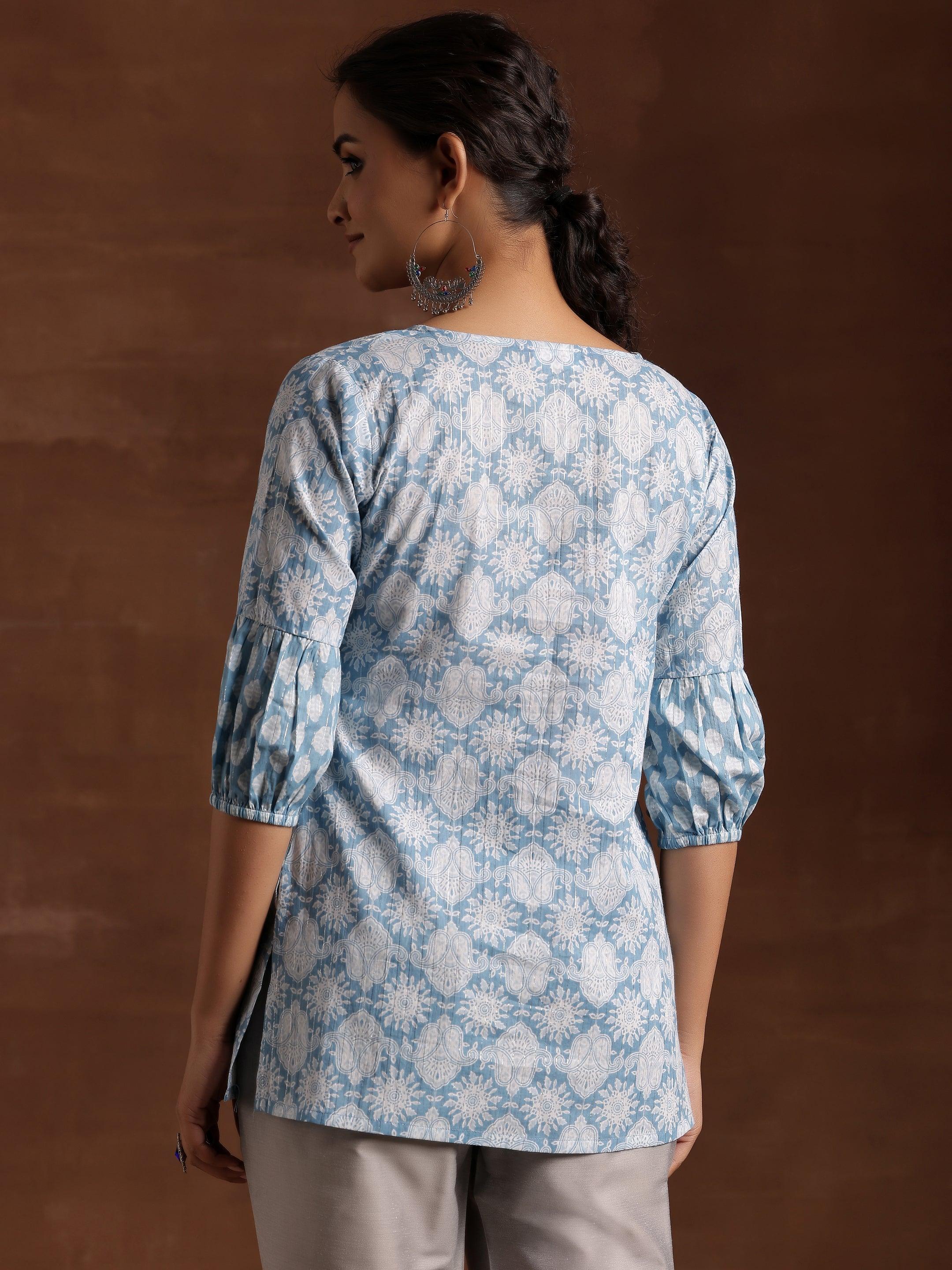 Blue Printed Cotton Straight Kurti