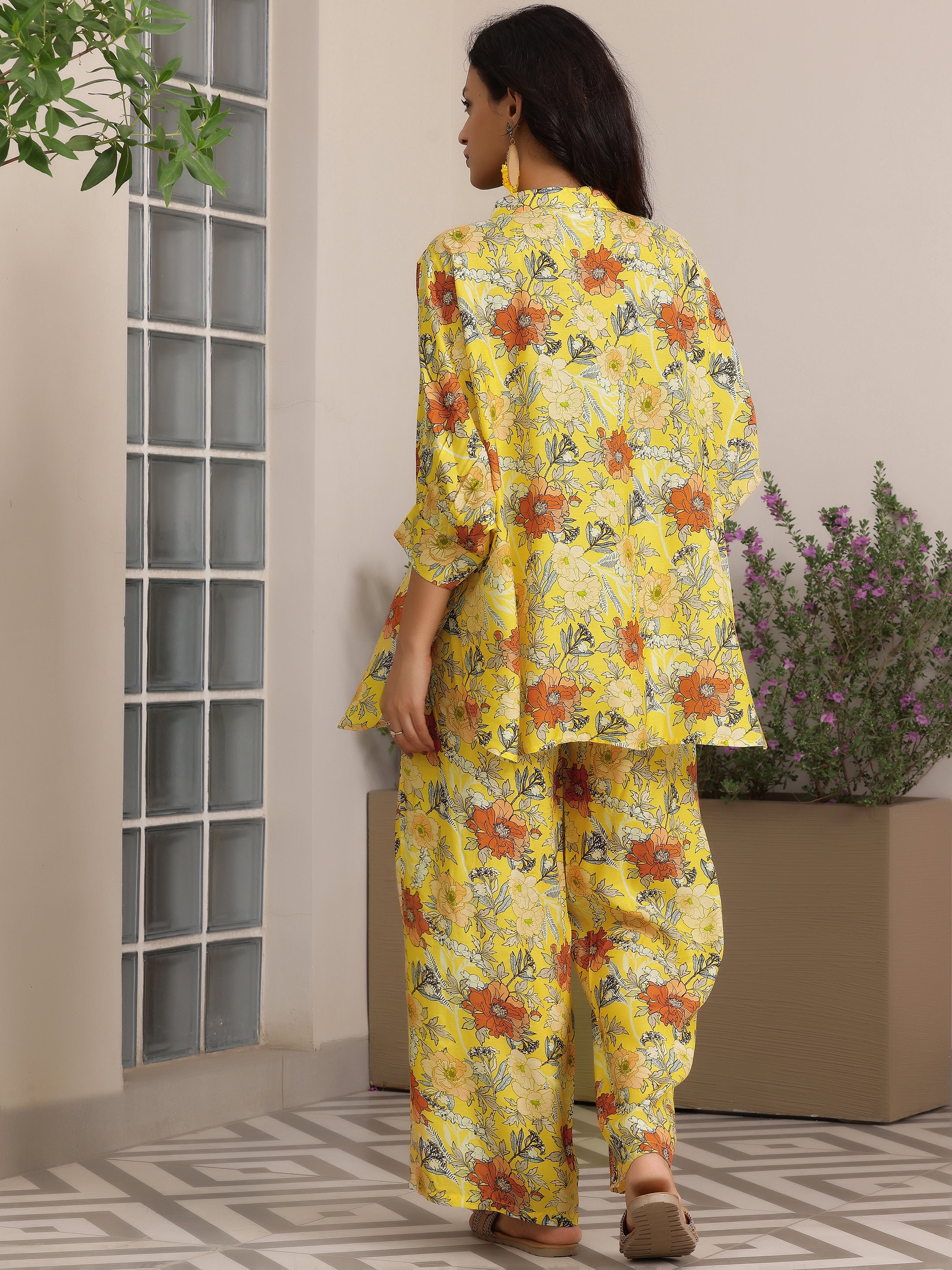 Yellow Printed Silk Blend Co-Ords