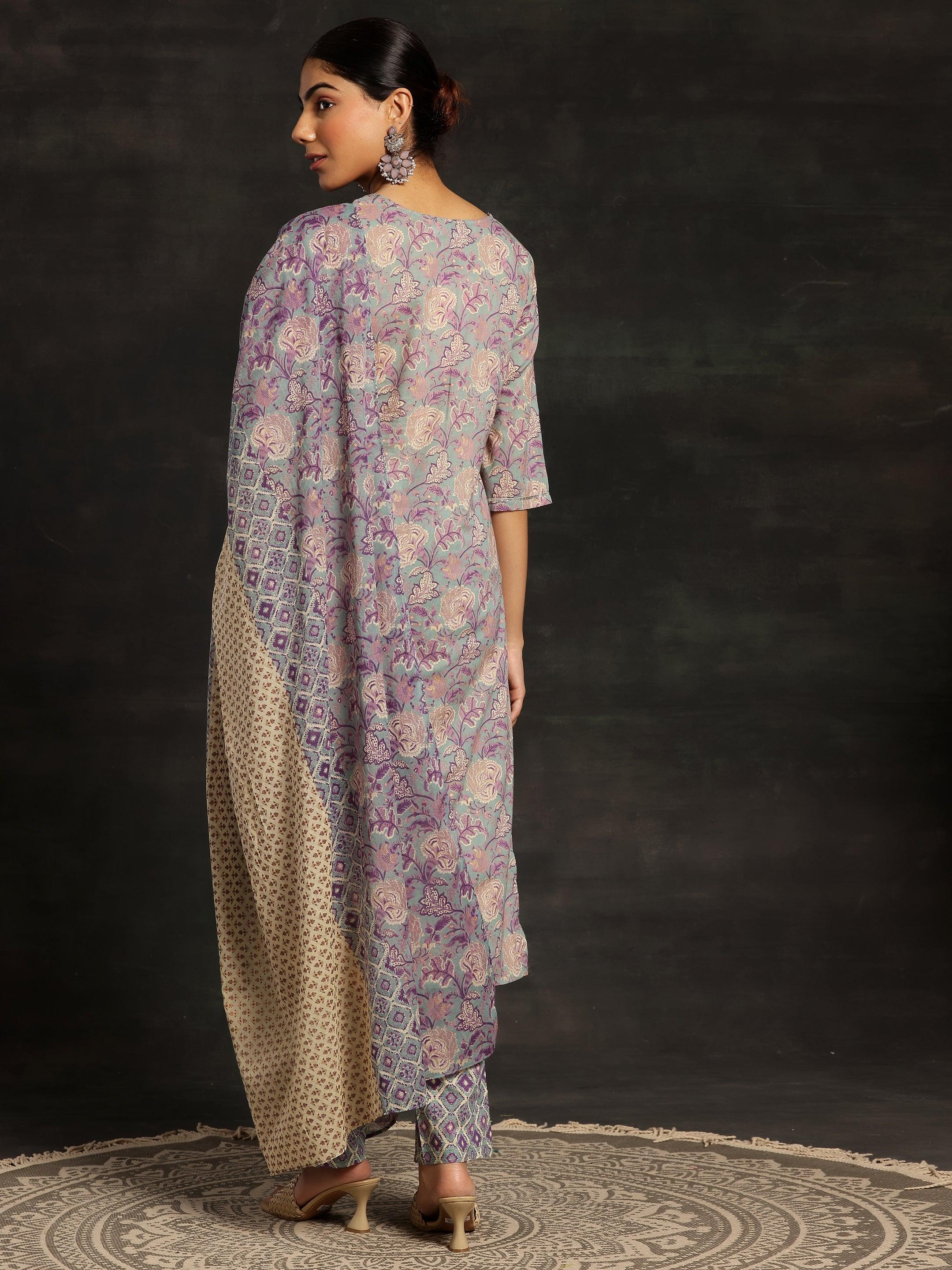 Blue Printed Cotton Straight Suit With Dupatta