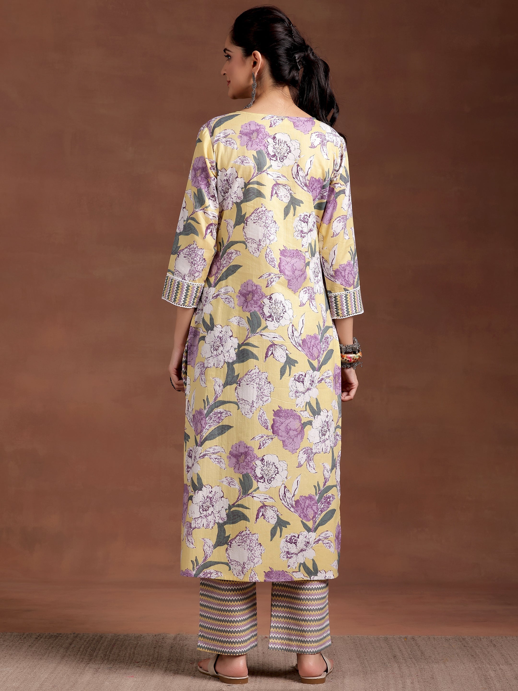 Yellow Printed Cotton Straight Kurta Set