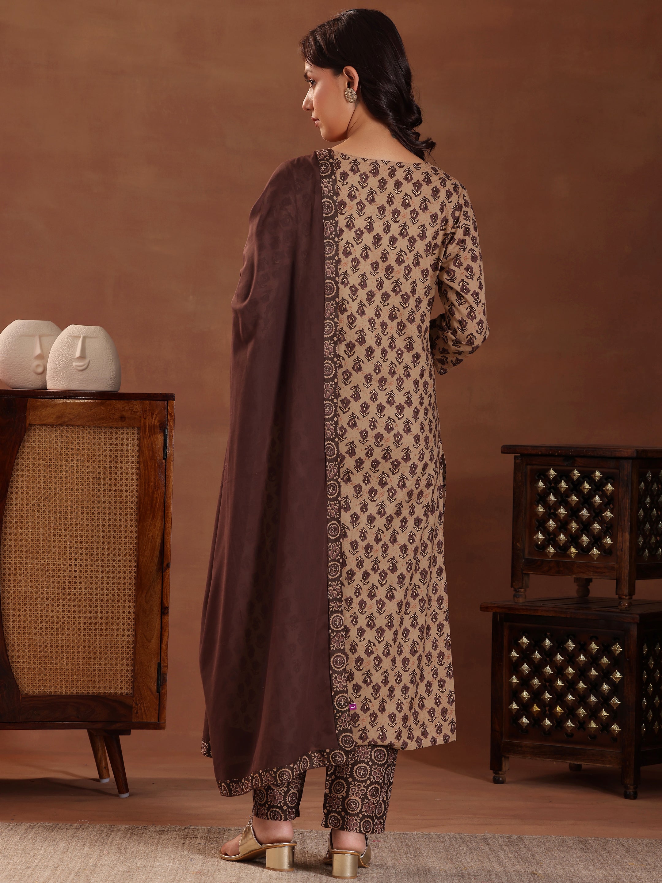 Brown Printed Cotton Straight Suit With Dupatta