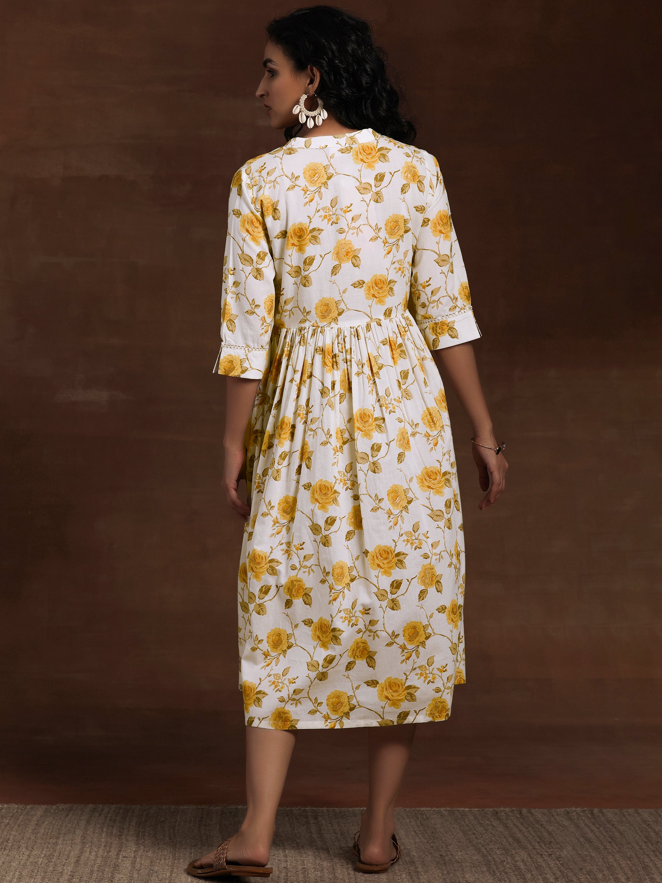 Off White Printed Cotton Fit and Flare Dress