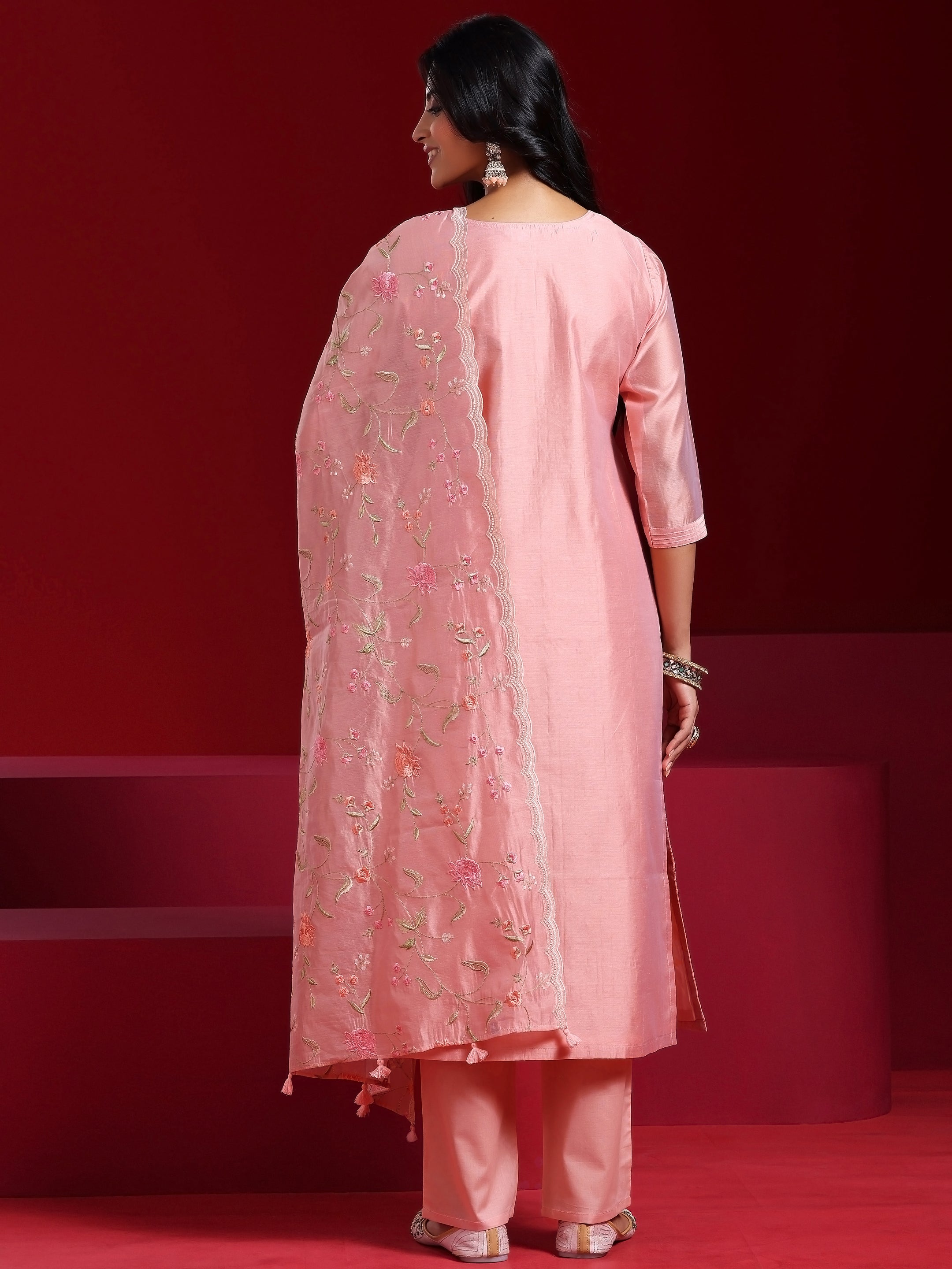 Libas Art Pink Embroidered Chanderi Silk Straight Suit With Dupatta