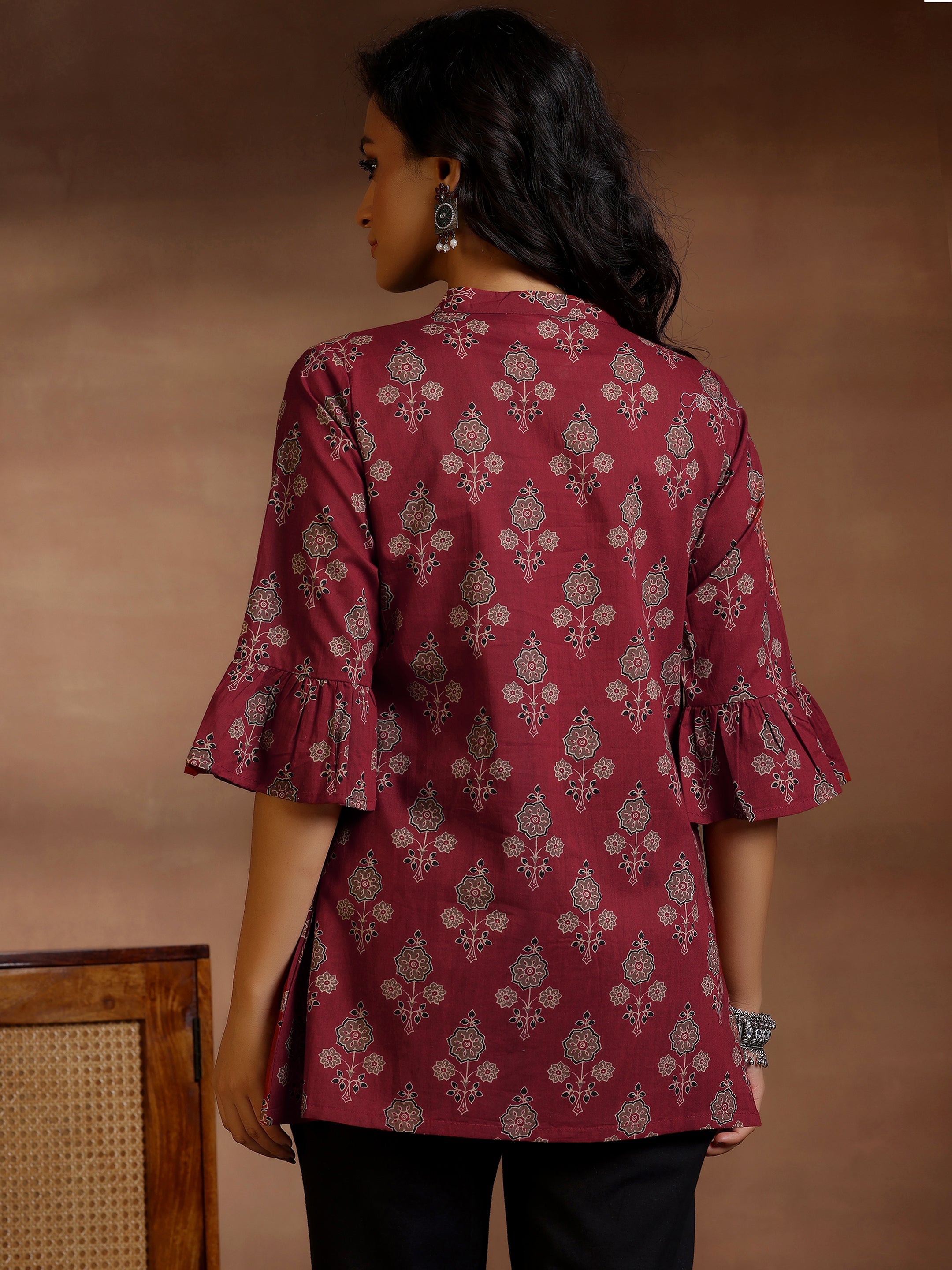 Maroon Printed Cotton A-Line Kurti