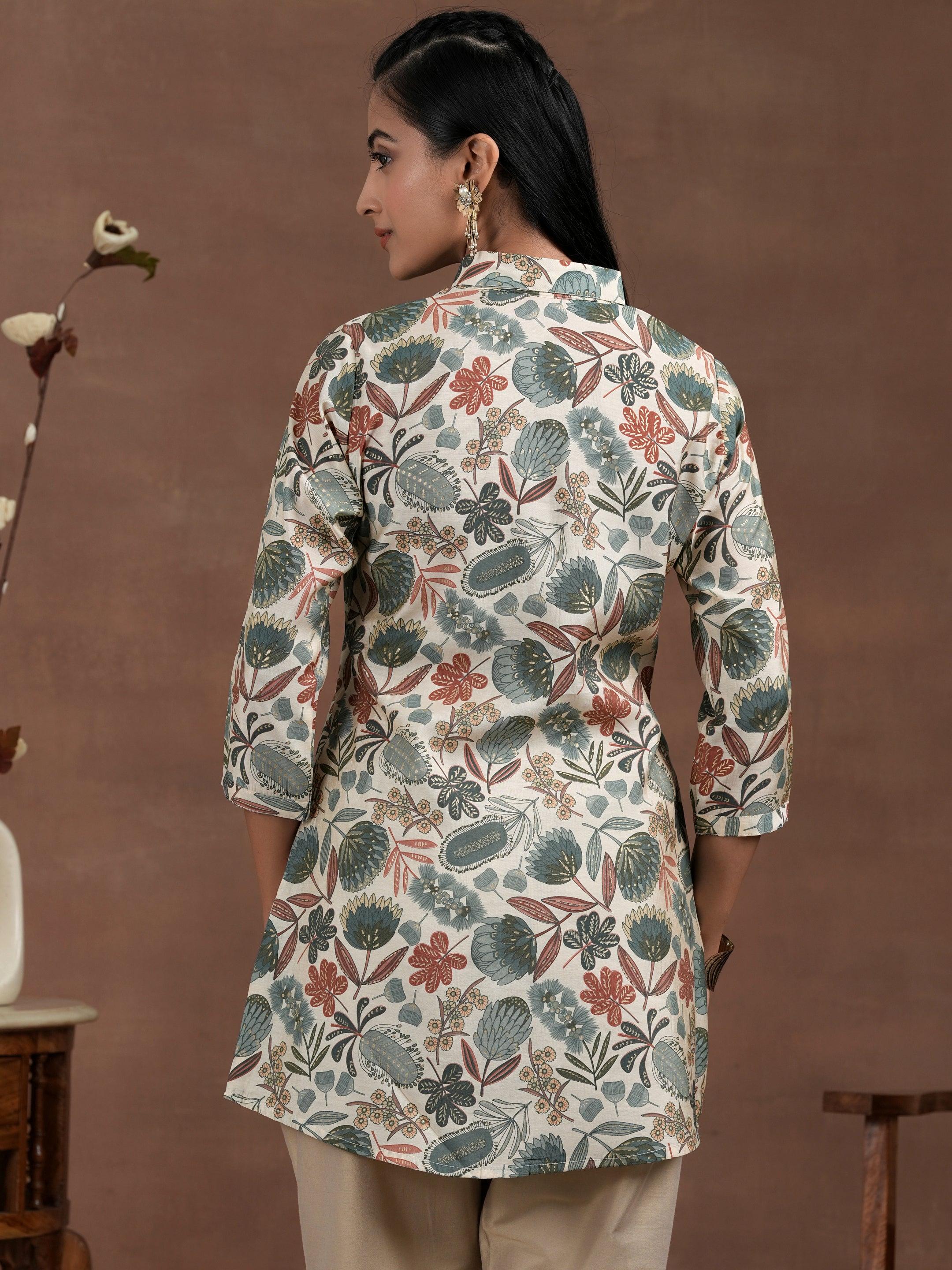 Beige Printed Silk Blend Straight Kurti