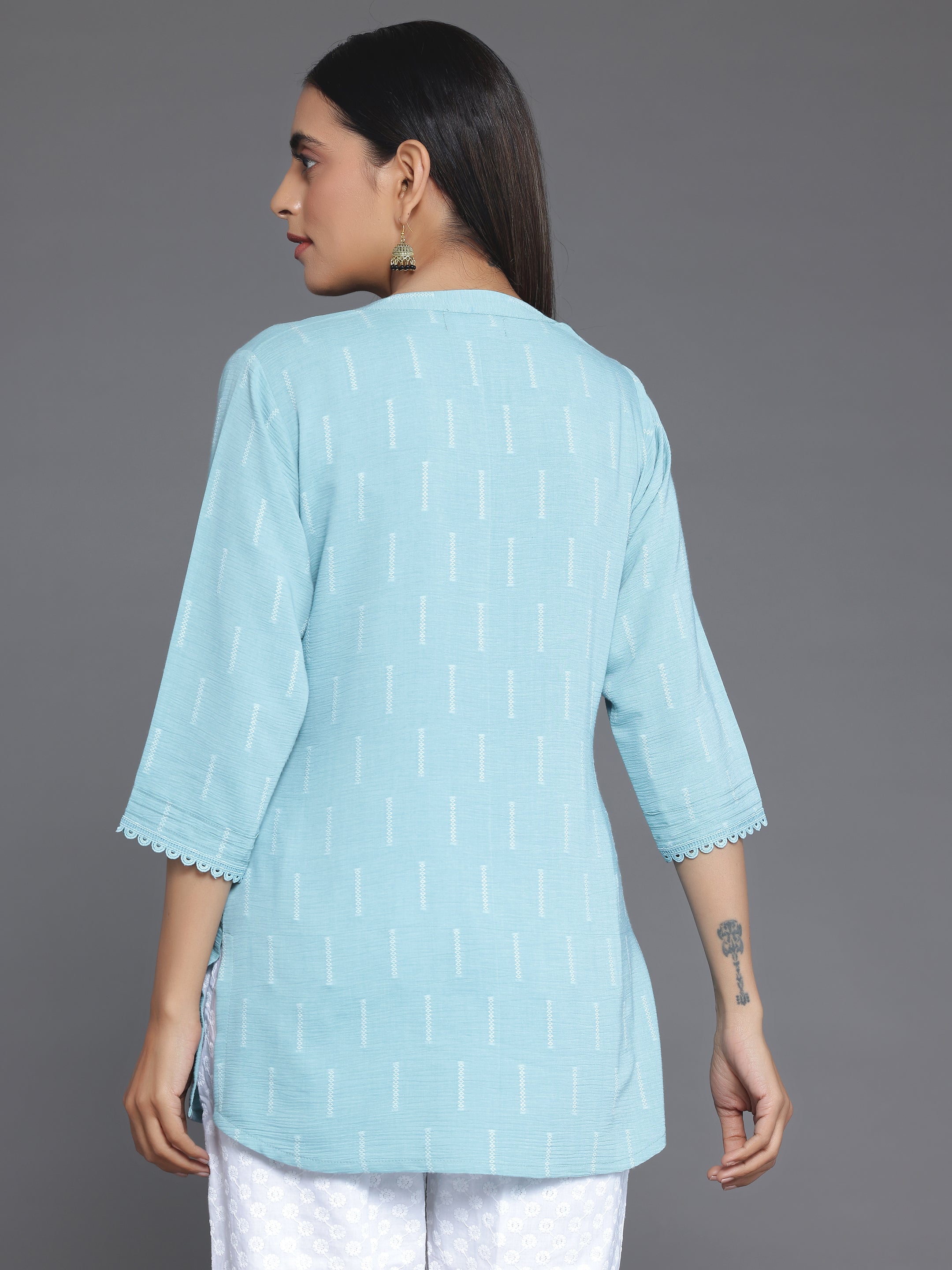 Blue Woven Design Cotton Blend Straight Kurti